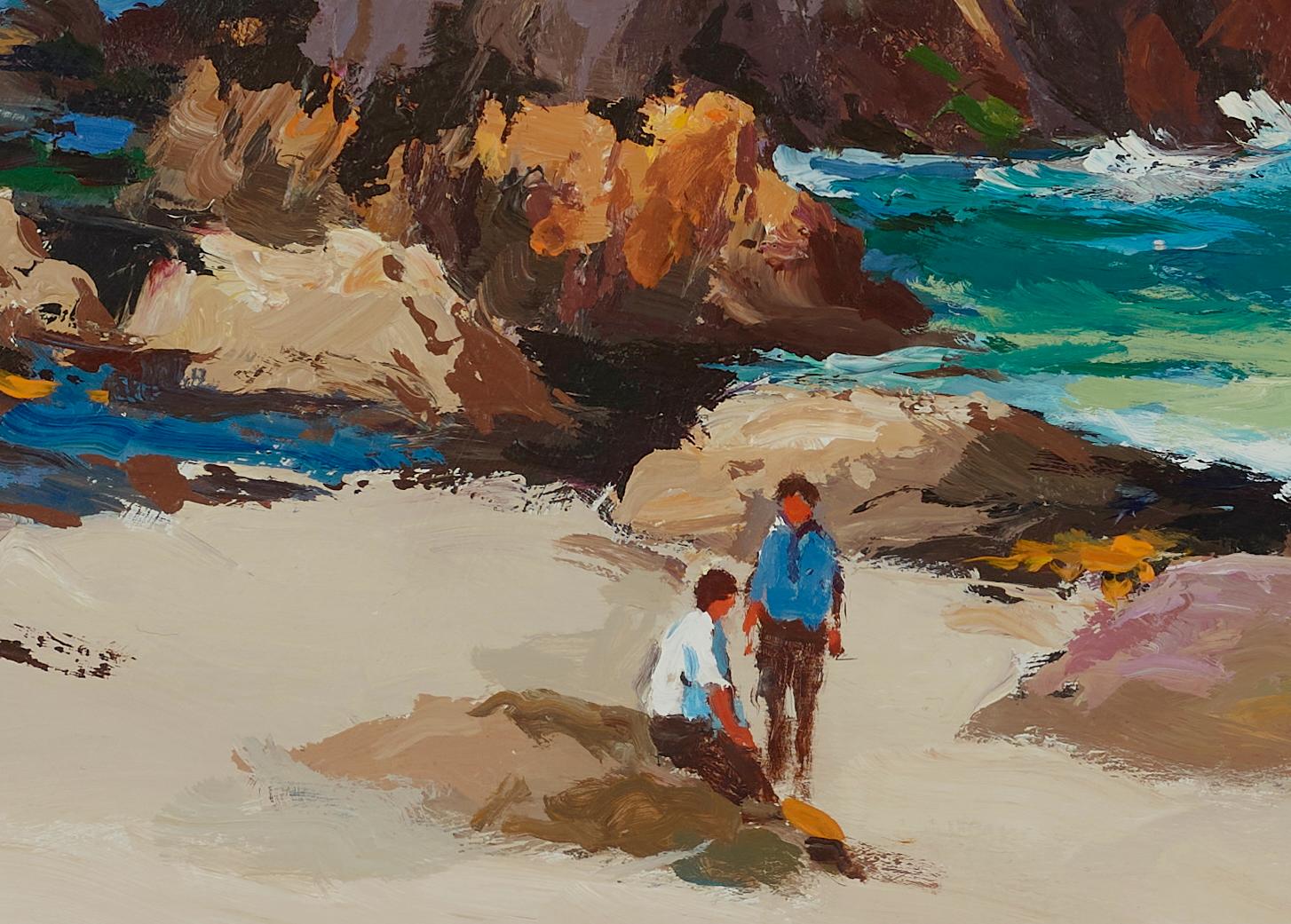 Looking Out To Sea Figurative Landschaftsmalerei des Meeres, Felsen und Strand (Grau), Figurative Painting, von Donald McIntyre