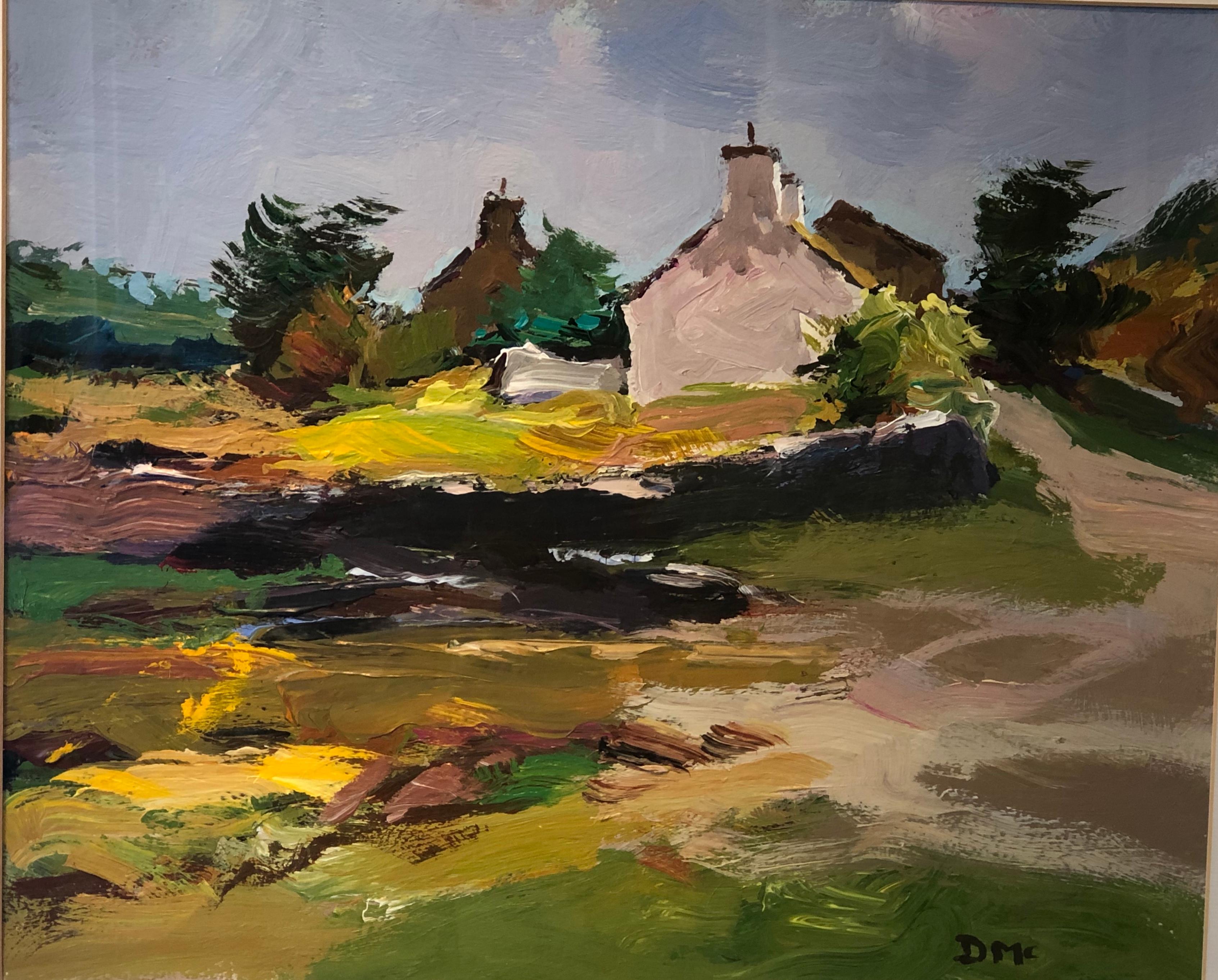 Donald McIntyre Modern British Seascape Painting 'Cottages by the Harbour' by Donald McIntyre