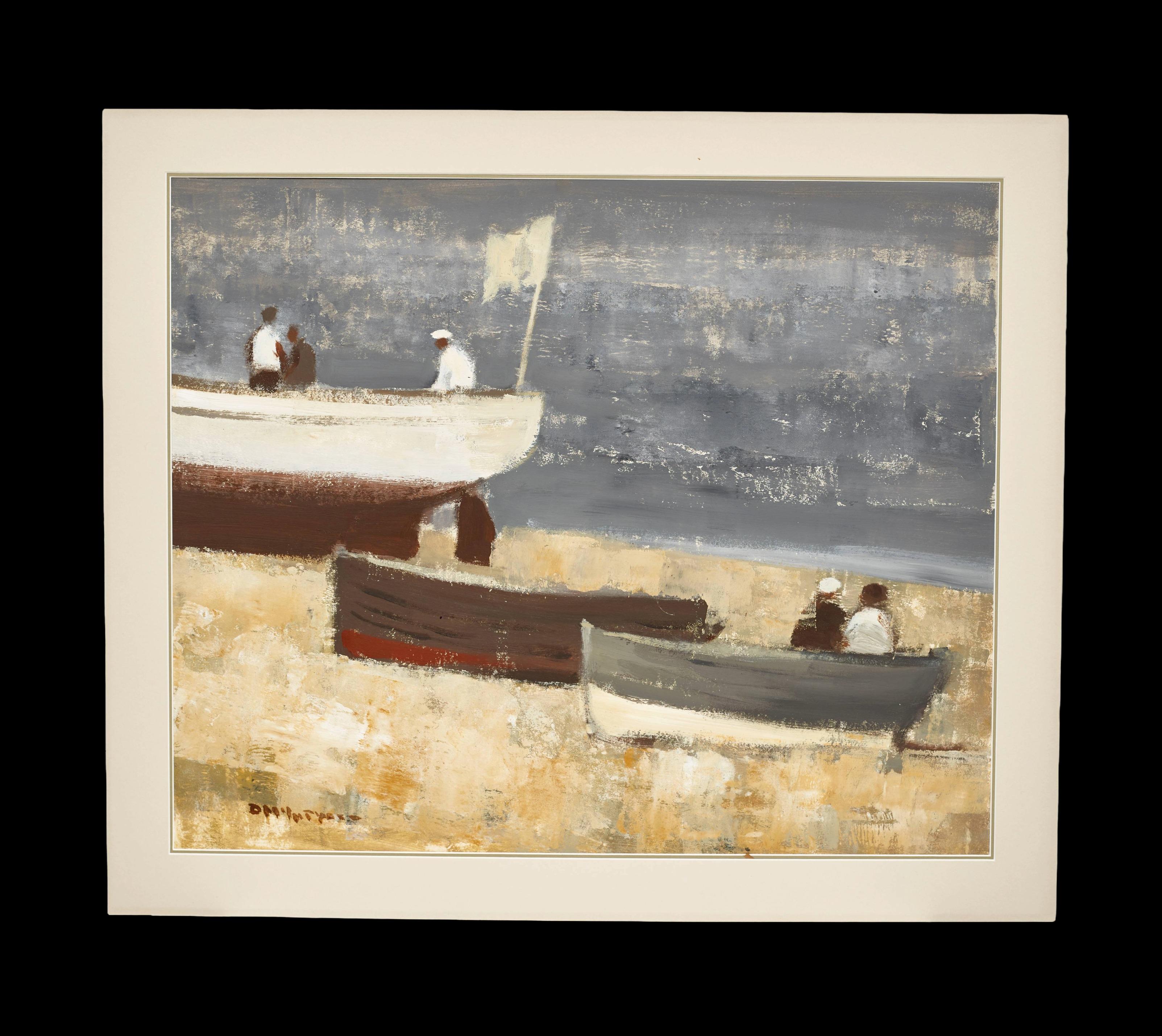Vergnügungsboote Küstenlandschaft mit Booten, Figuren, Fischern und Strand – Painting von Donald McIntyre