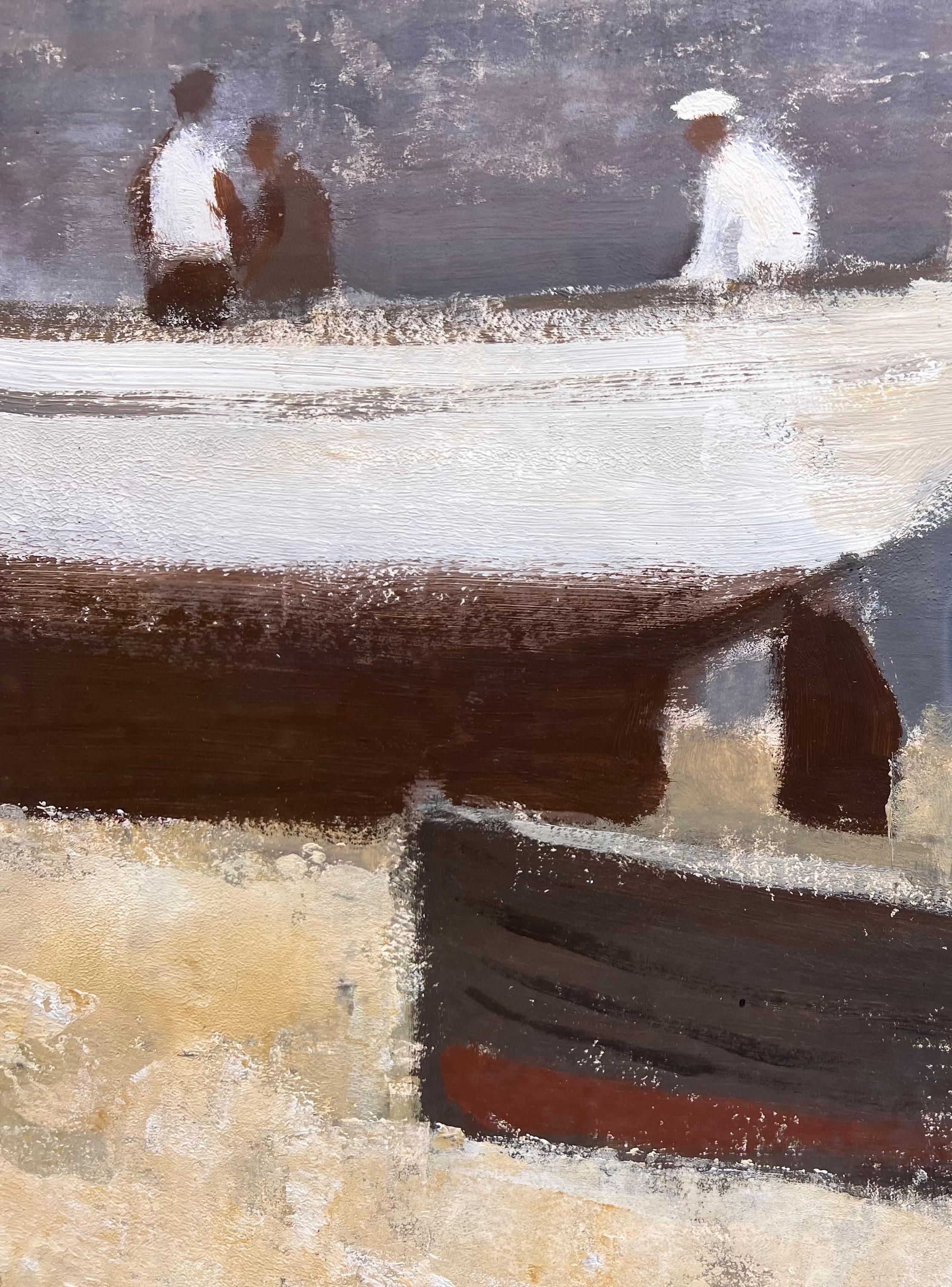 Vergnügungsboote Küstenlandschaft mit Booten, Figuren, Fischern und Strand (Braun), Landscape Painting, von Donald McIntyre
