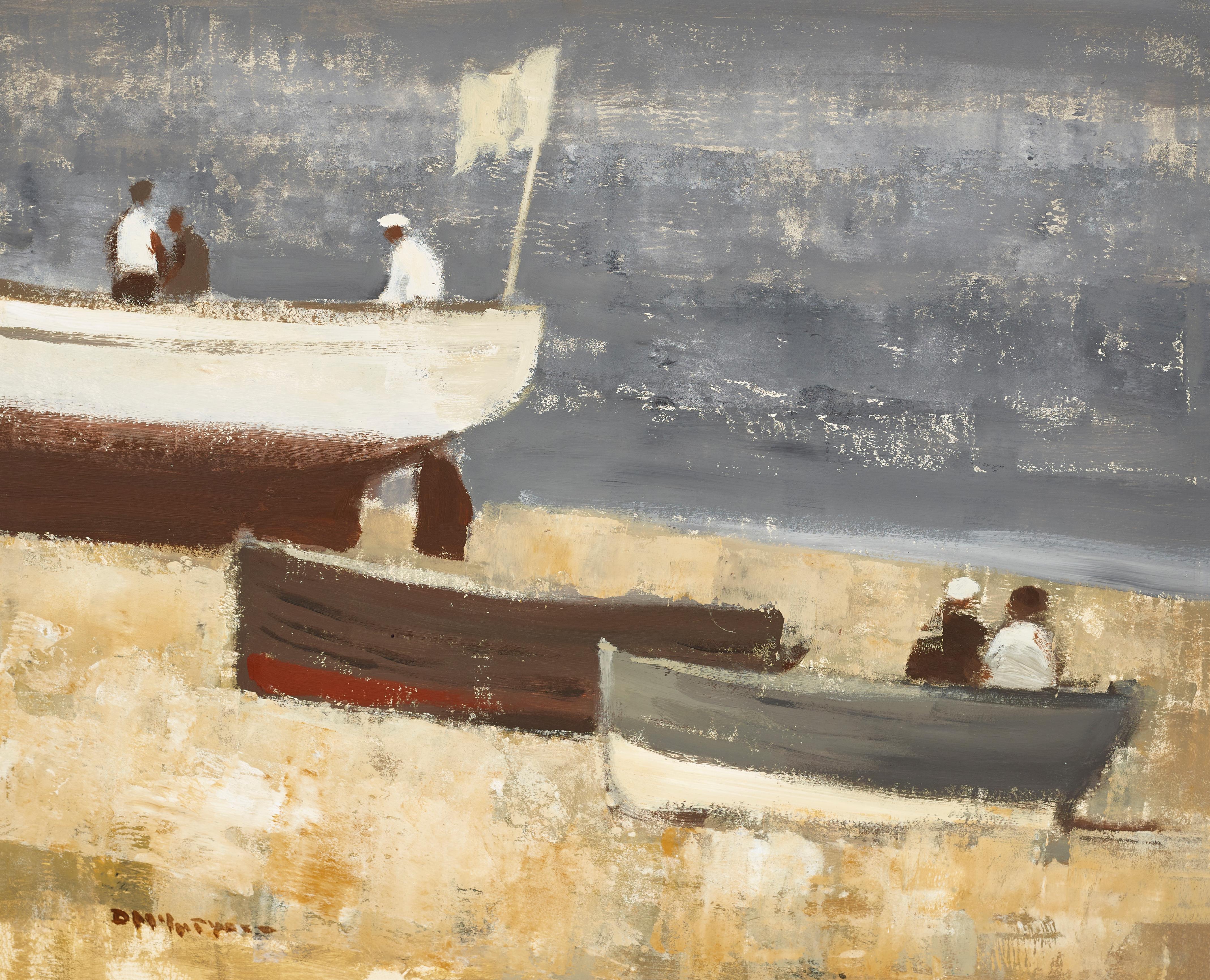 Vergnügungsboote Küstenlandschaft mit Booten, Figuren, Fischern und Strand