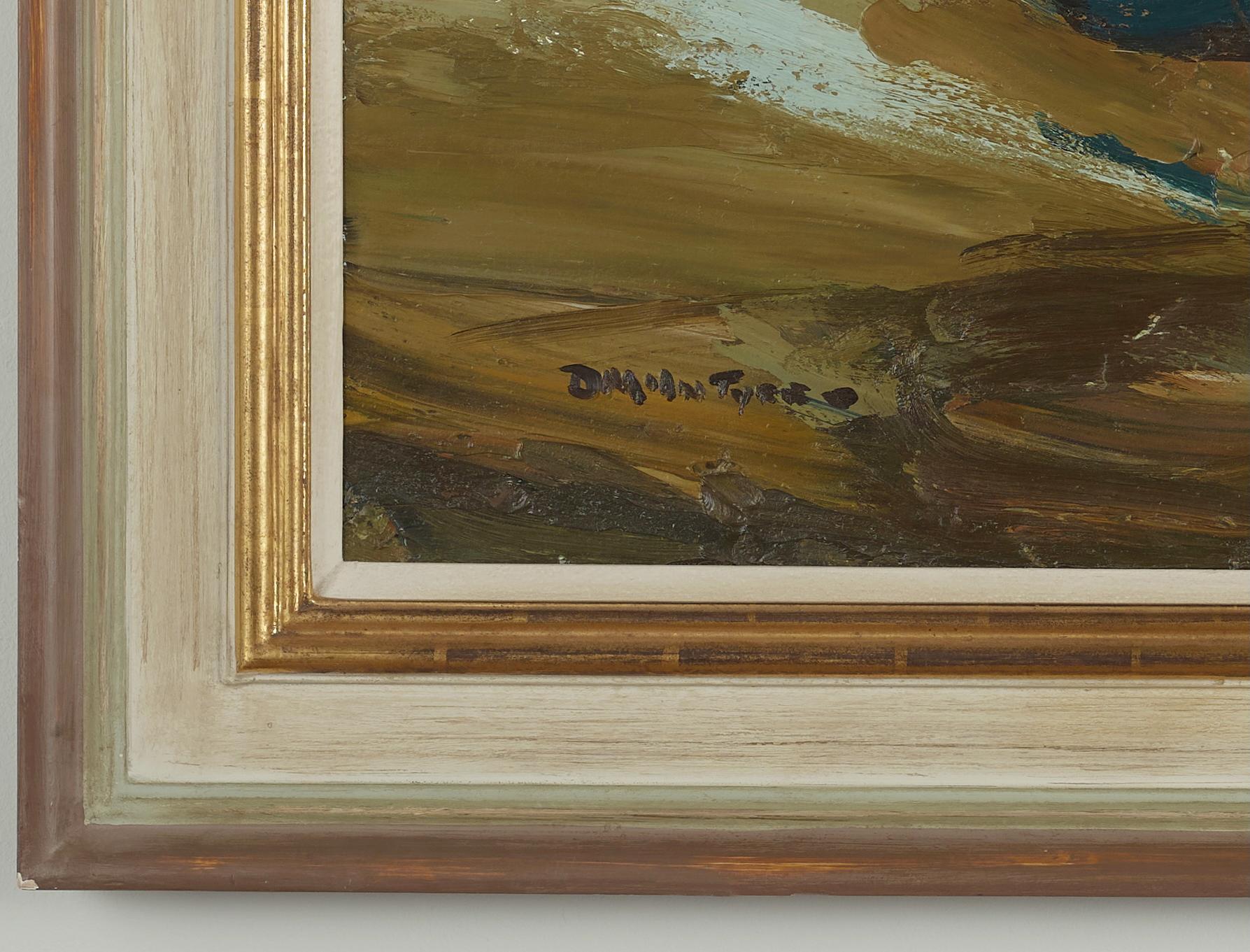 Porthscatho Coastline Gemälde von Boot, Meer und Strand. Atmosphärisches Grün, Gelb (Post-Impressionismus), Painting, von Donald McIntyre