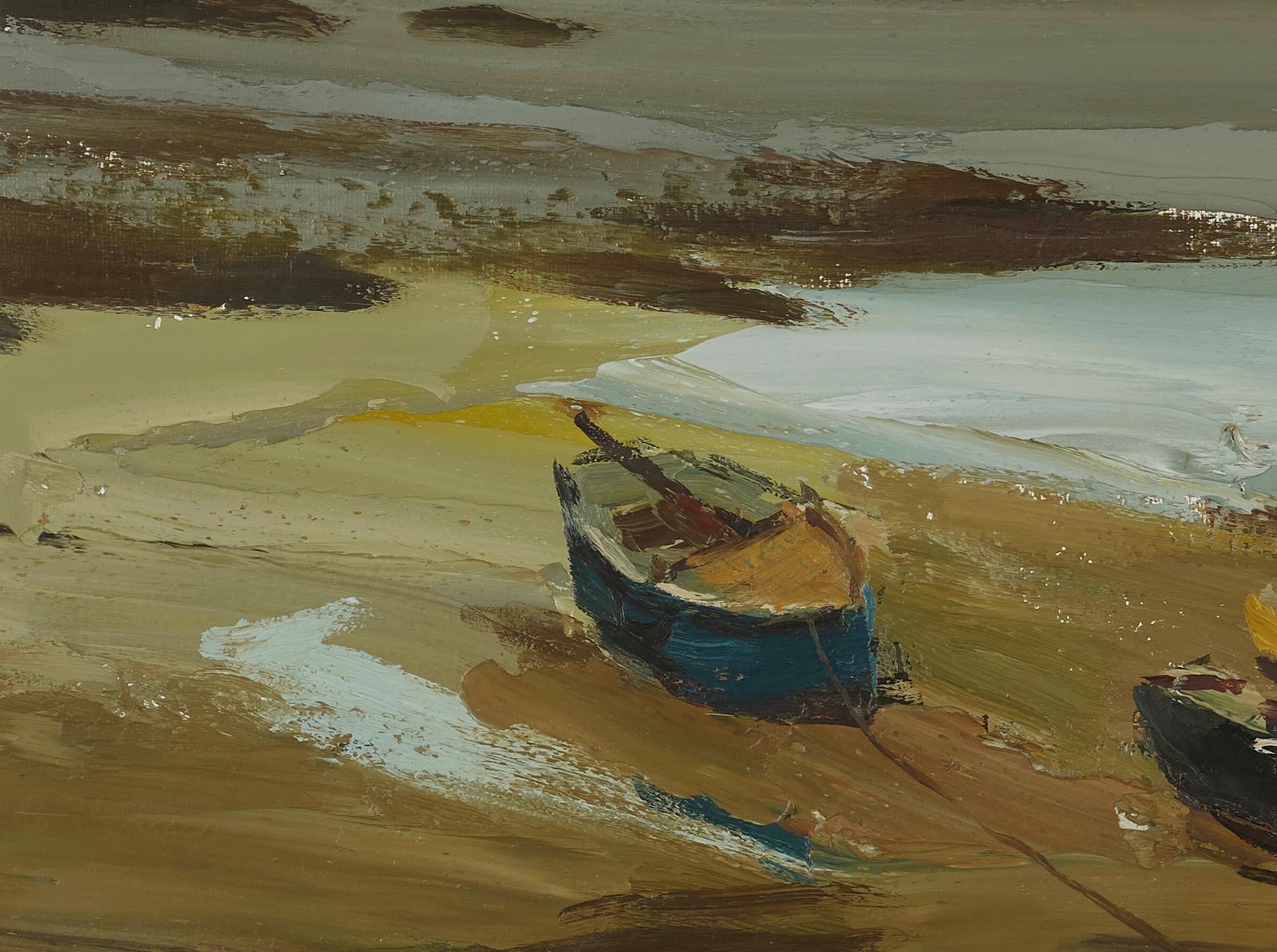 Porthscatho Coastline Gemälde von Boot, Meer und Strand. Atmosphärisches Grün, Gelb im Angebot 1