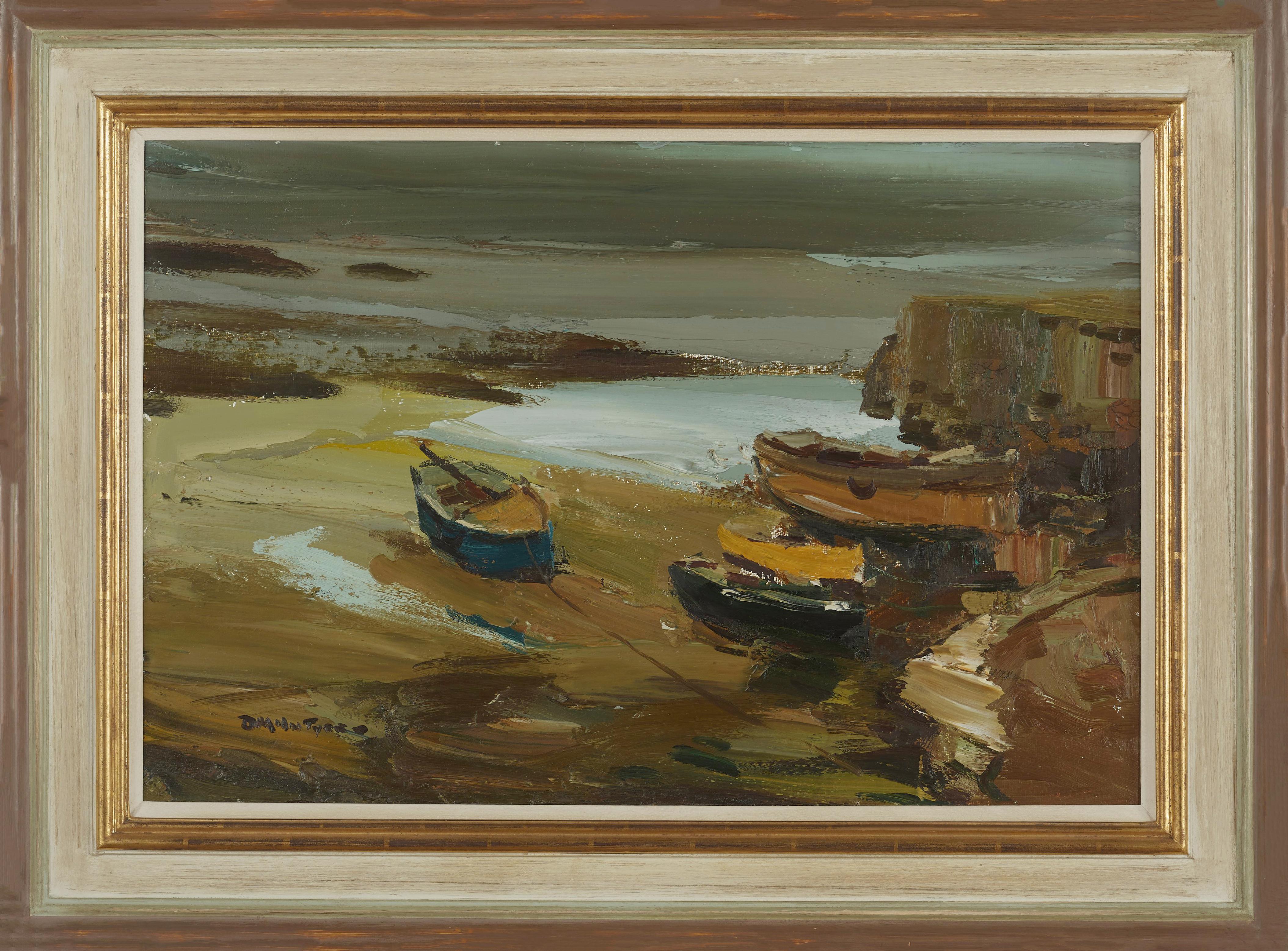 Porthscatho Coastline Gemälde von Boot, Meer und Strand. Atmosphärisches Grün, Gelb im Angebot 3