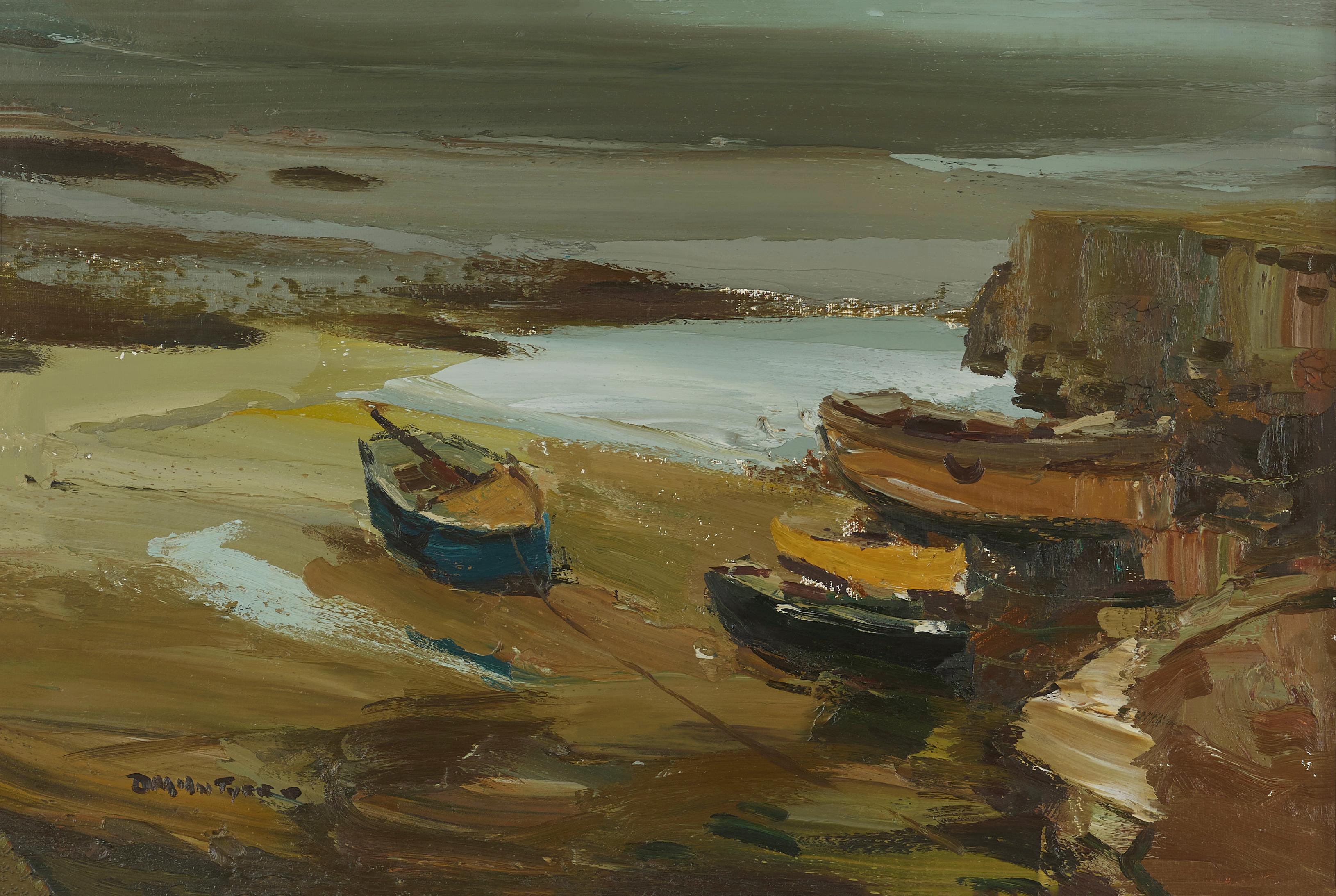 Donald McIntyre Landscape Painting – Porthscatho Coastline Gemälde von Boot, Meer und Strand. Atmosphärisches Grün, Gelb