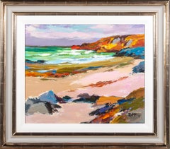 'Rocky Shore' Colourful landscape painting of coastline, sea, rocks and beach
