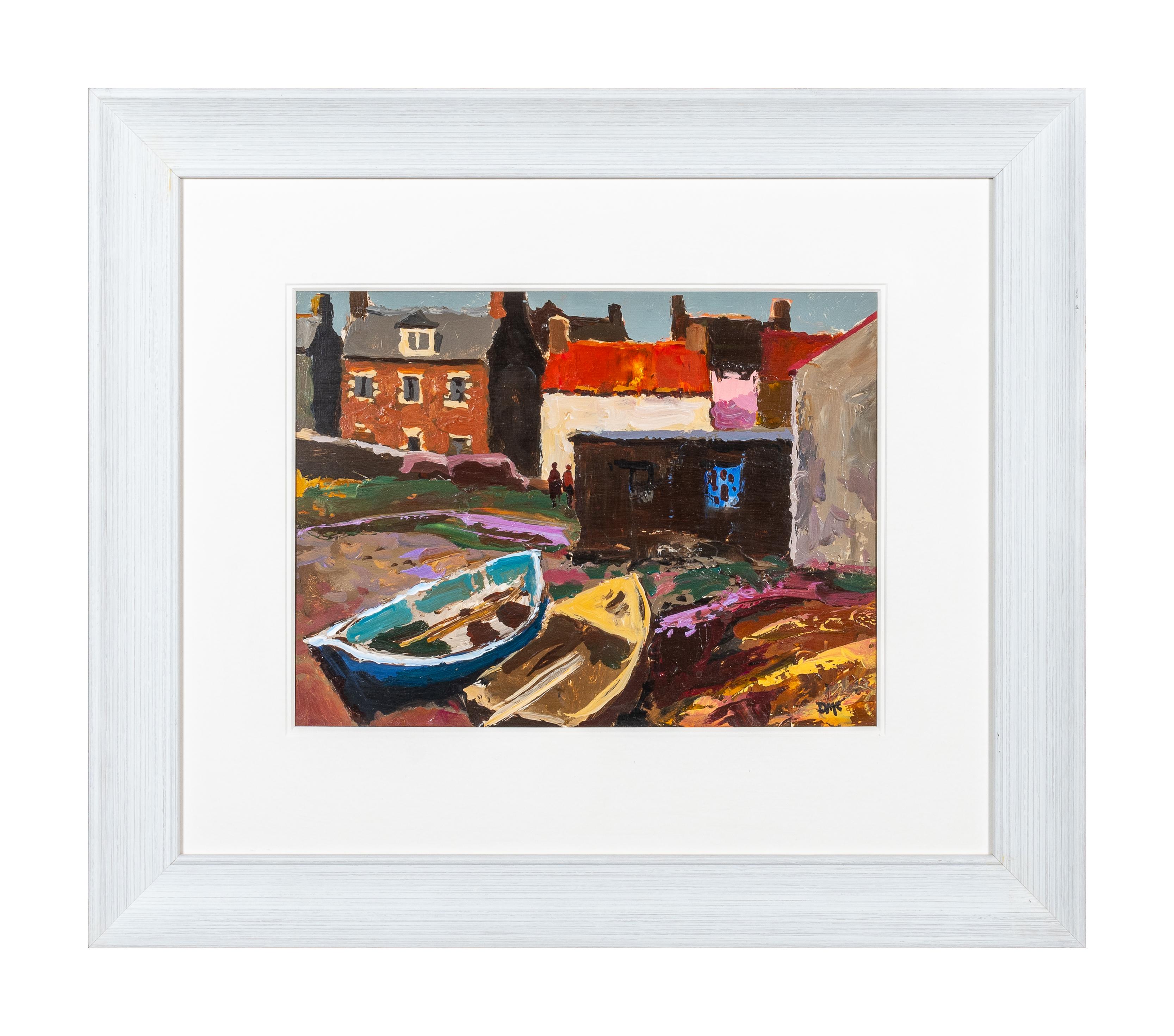 'Seaside Meetings' Landscape painting of boats, harbour, cottage and figures