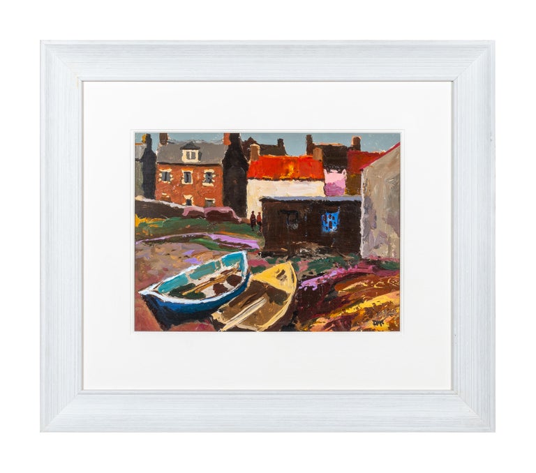 Donald McIntyre 'Seaside Meetings' Landscape painting of boats, harbour, cottage and figures