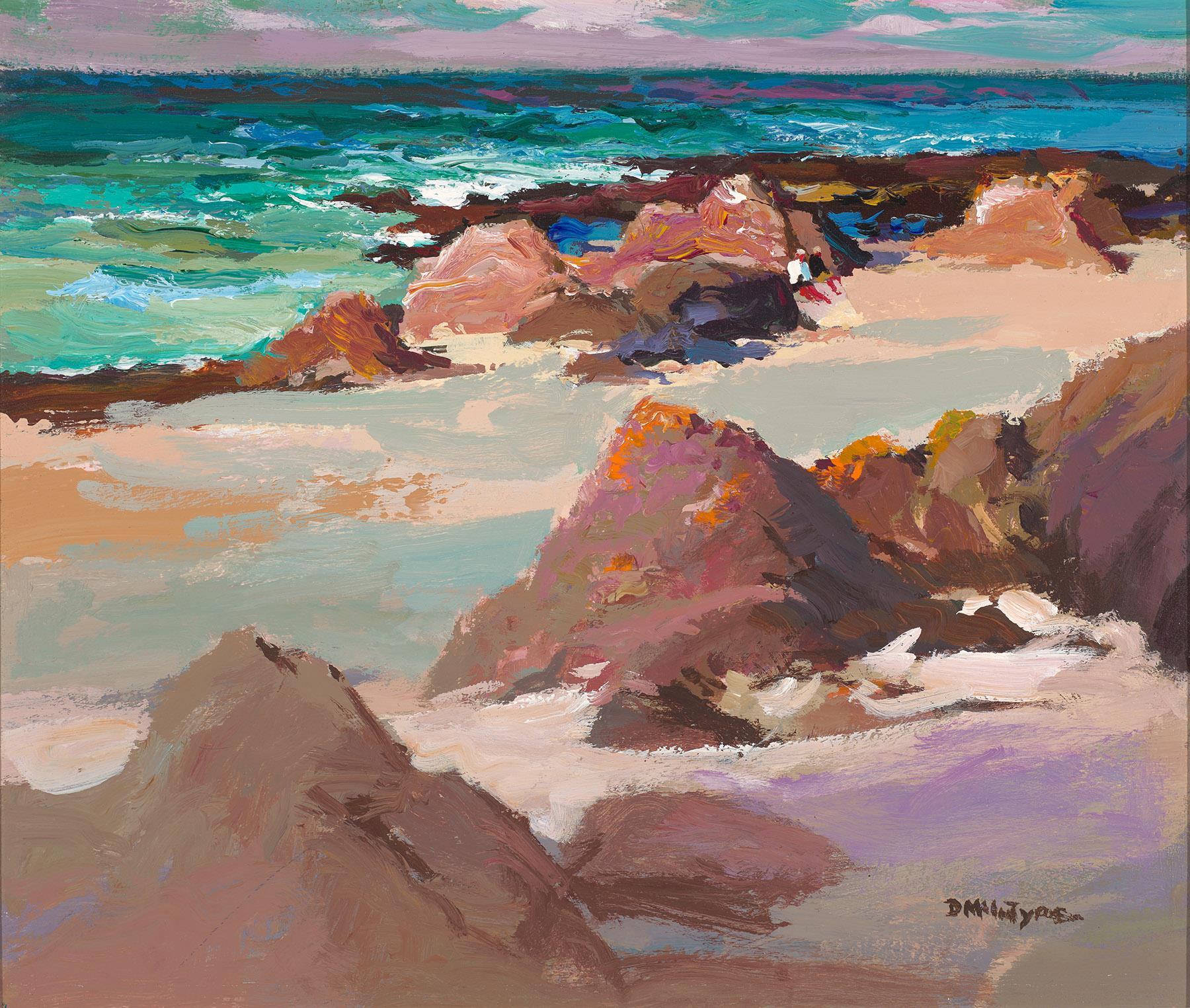 Donald McIntyre Landscape Painting - Sheltering Rocks - Acrylic Seascape painting by McIntyre
