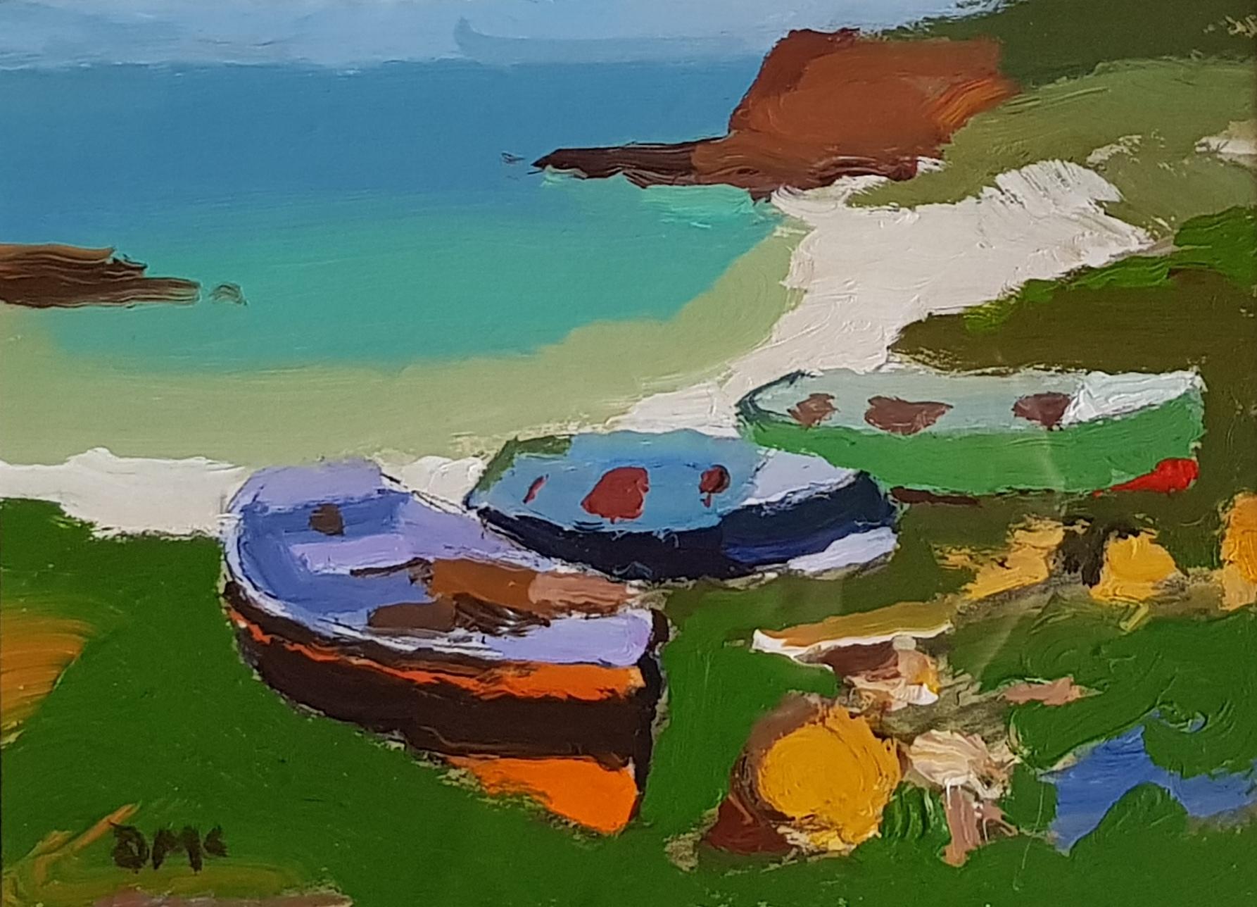Donald McIntyre Abstract Painting - 'Three Fishing Boats on the Shore', West coast of Scotland, Beach Scene