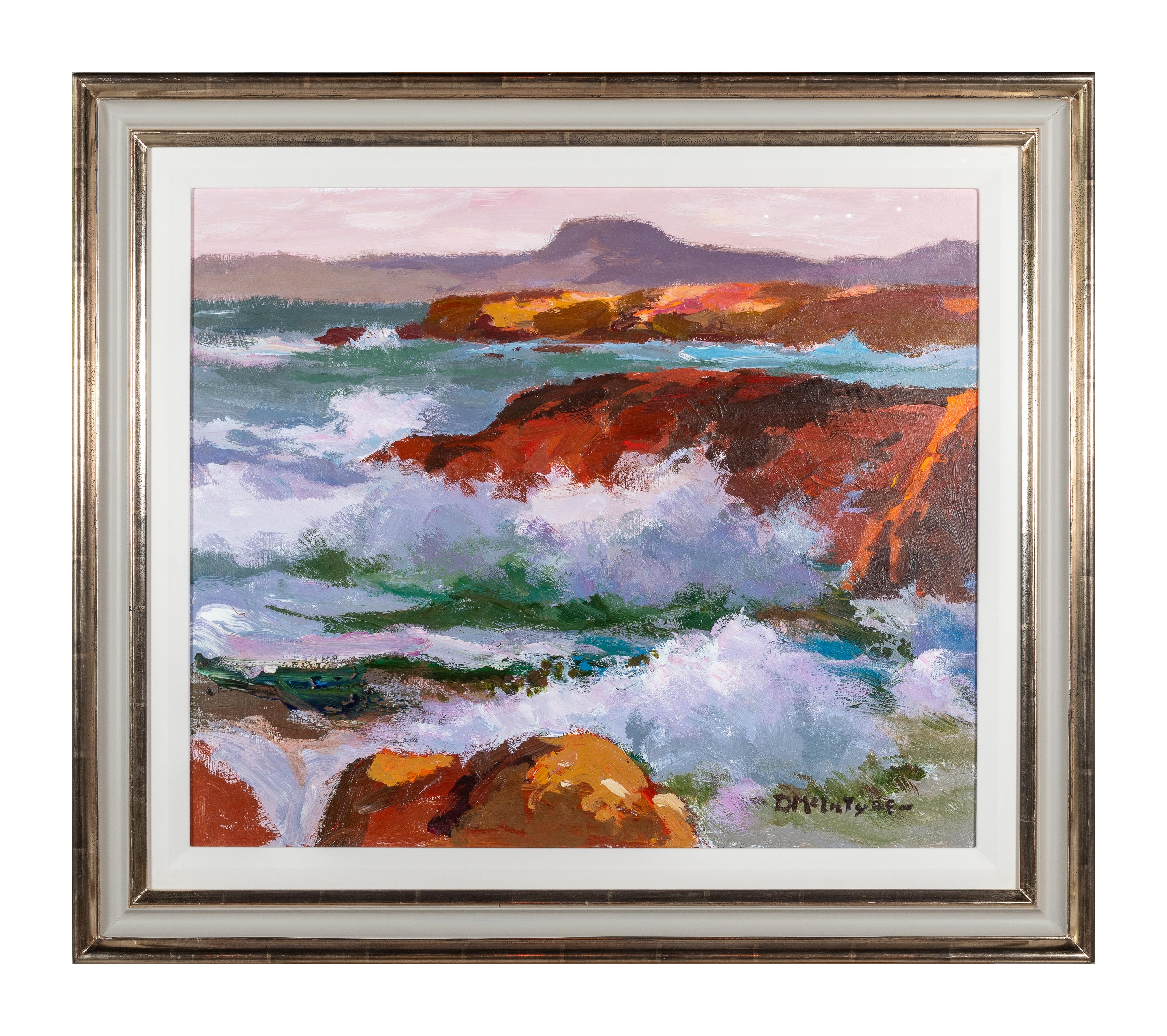 Donald McIntyre Landscape Painting - 'Western Seas' 20th century painting of the scottish coastline, rocks, waves