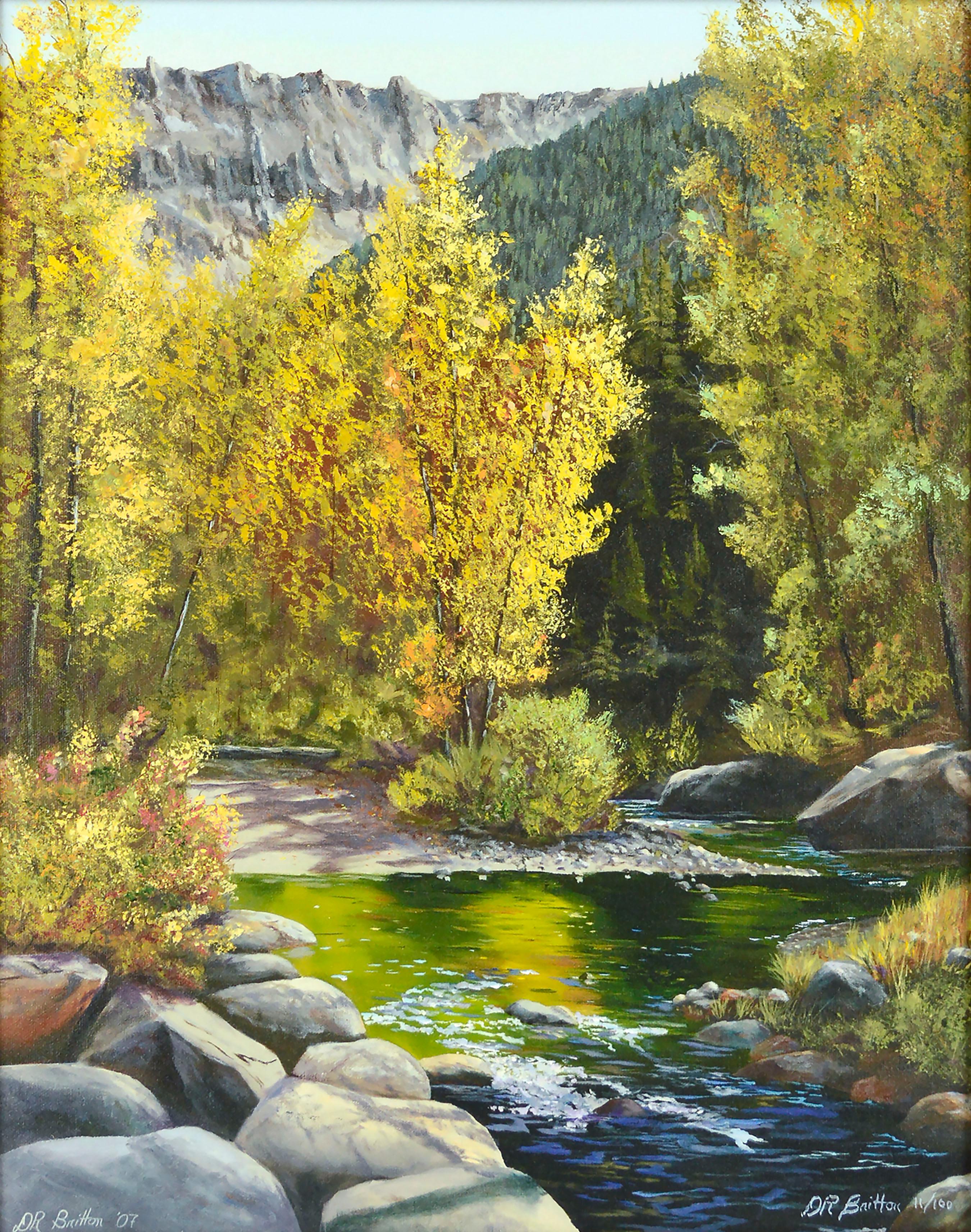 Sierra Mountain Stream in Autumn, Contemporary California Giclée auf Leinwand – Print von Donald R. Britton