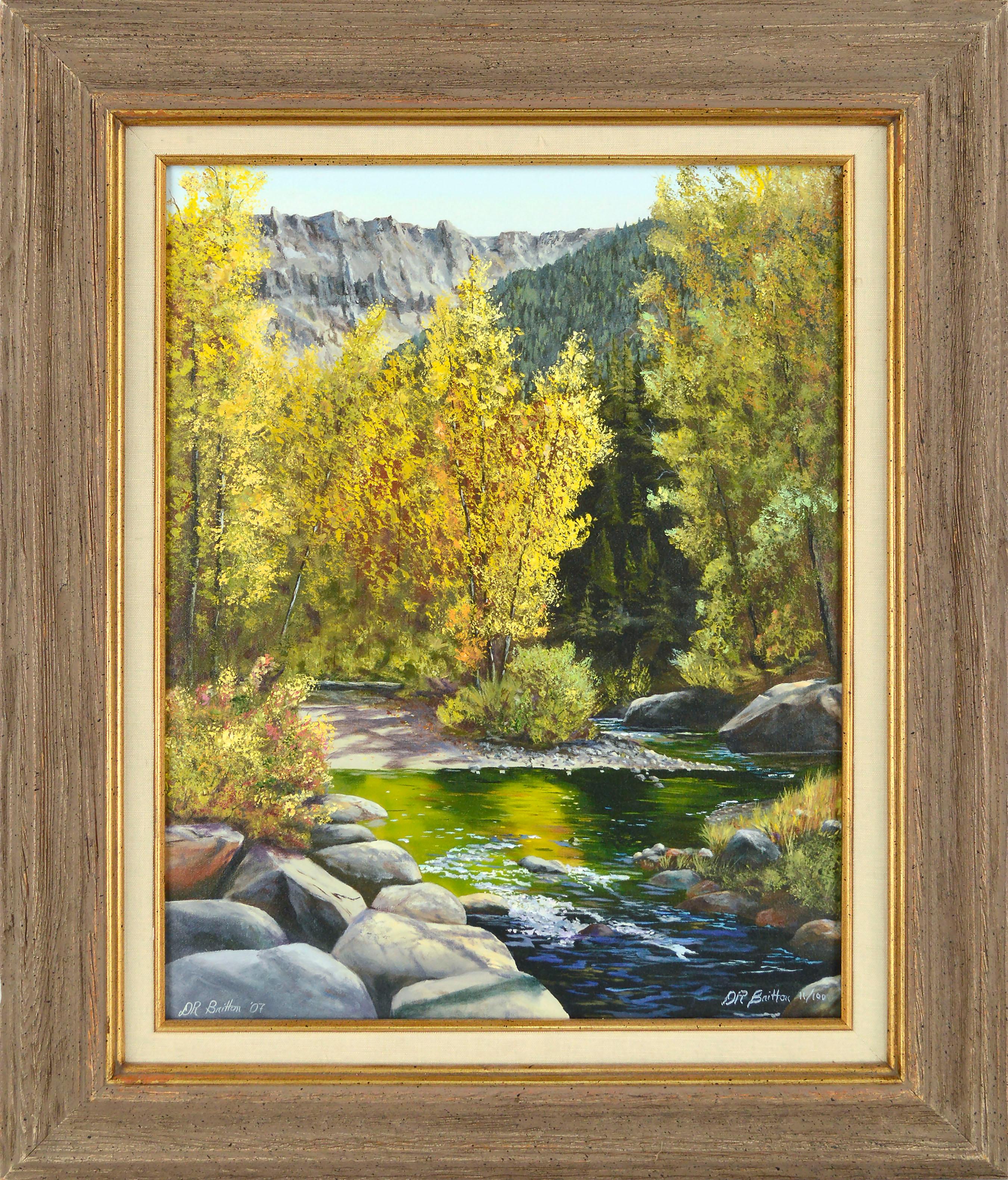 Donald R. Britton Landscape Print – Sierra Mountain Stream in Autumn, Contemporary California Giclée auf Leinwand
