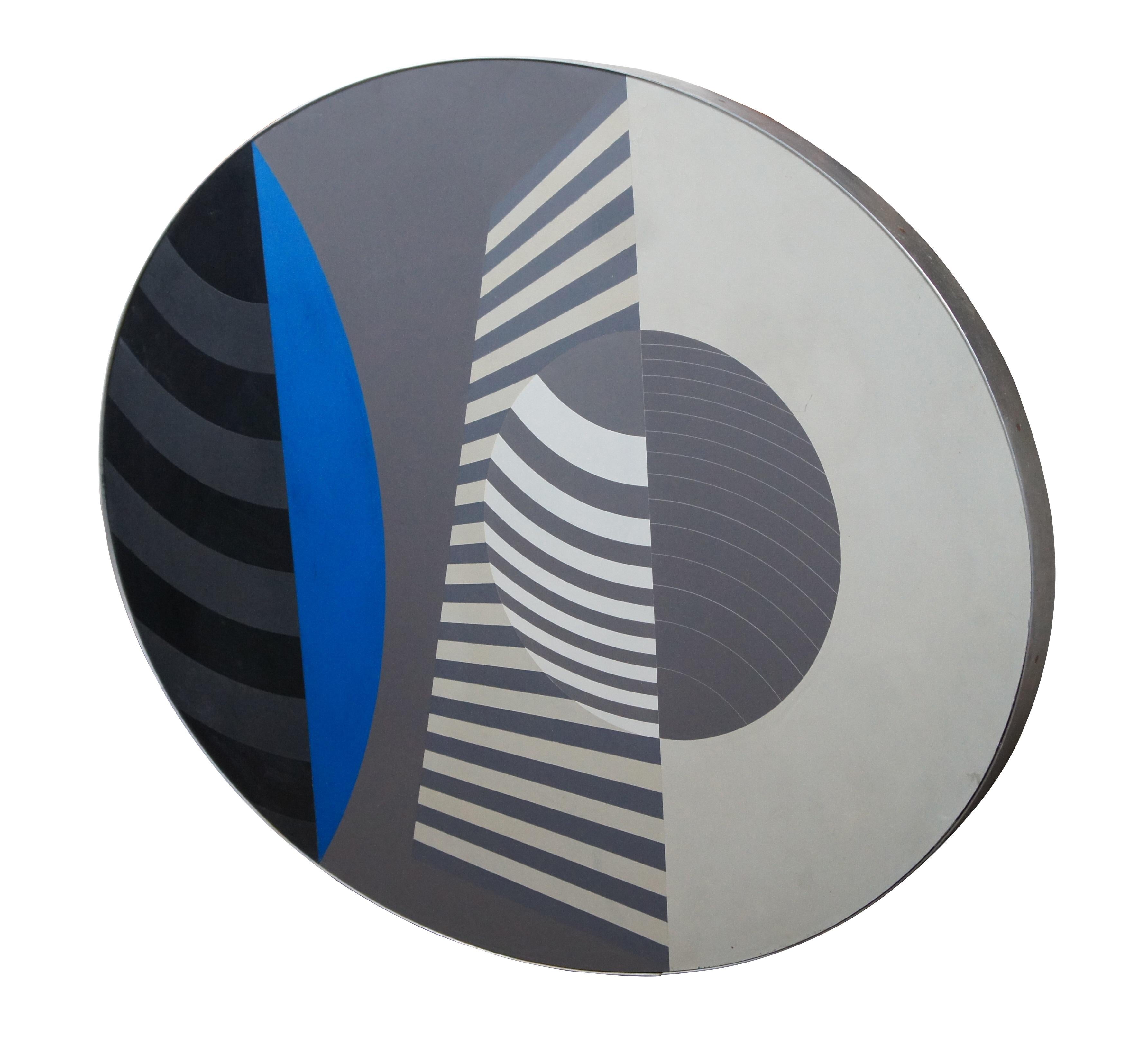 Donald Roberts mid century modern large oval abstract geometric formica sandblasted painting titled Aureole Project Azure March 1966. 

Donald Roberts b.1923-2015 in Boston, Massachusetts, Roberts rose to fame throughout his career as a noted
