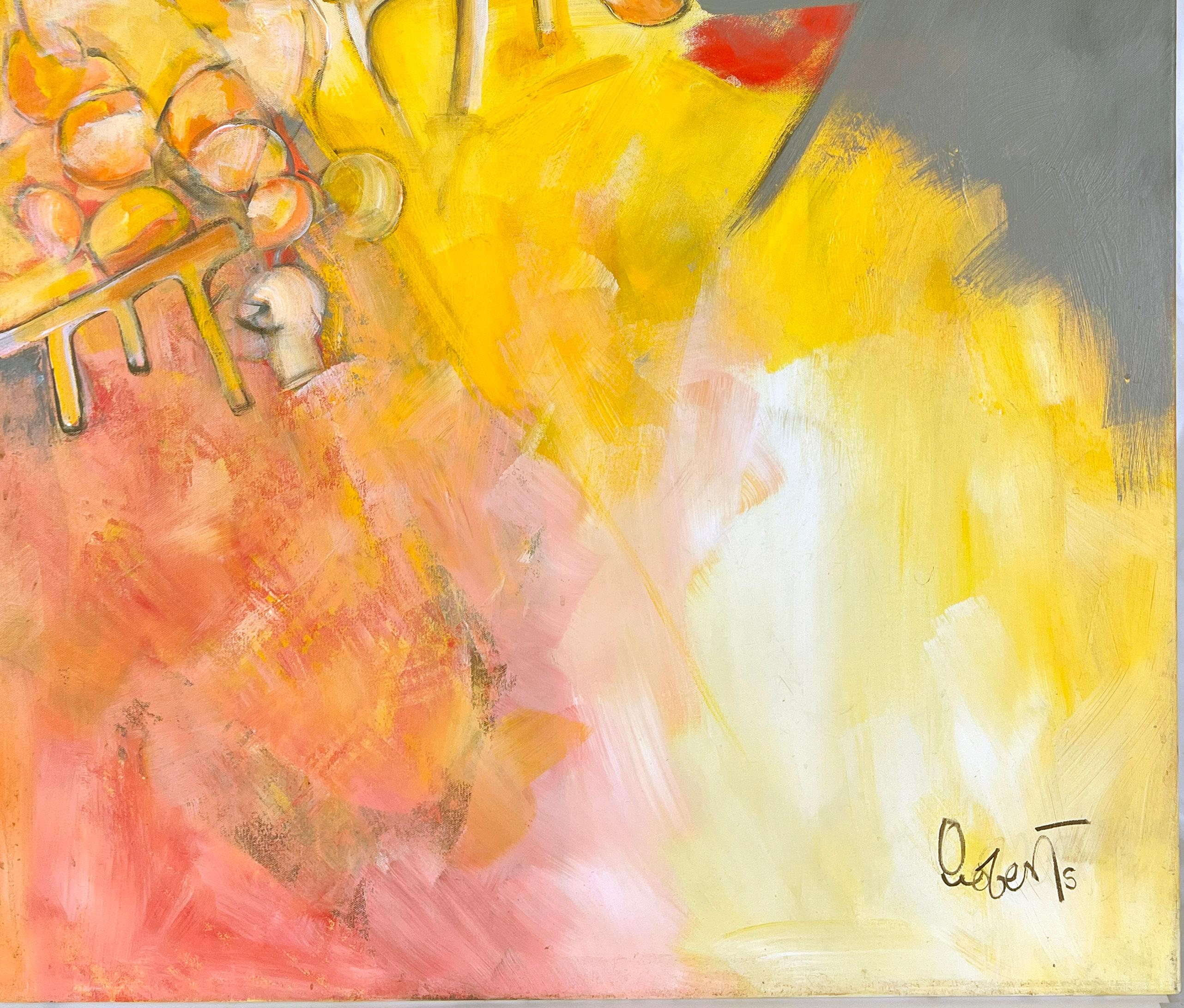 Day and Night Original Oil Style of Willem de Kooning and Richard Diebenkorn
Substantial abstract expressionist oil painting of intertwining hues of oranges, yellows and greys by American artist Donald Roberts (American, 1923-2015). Tones of greys