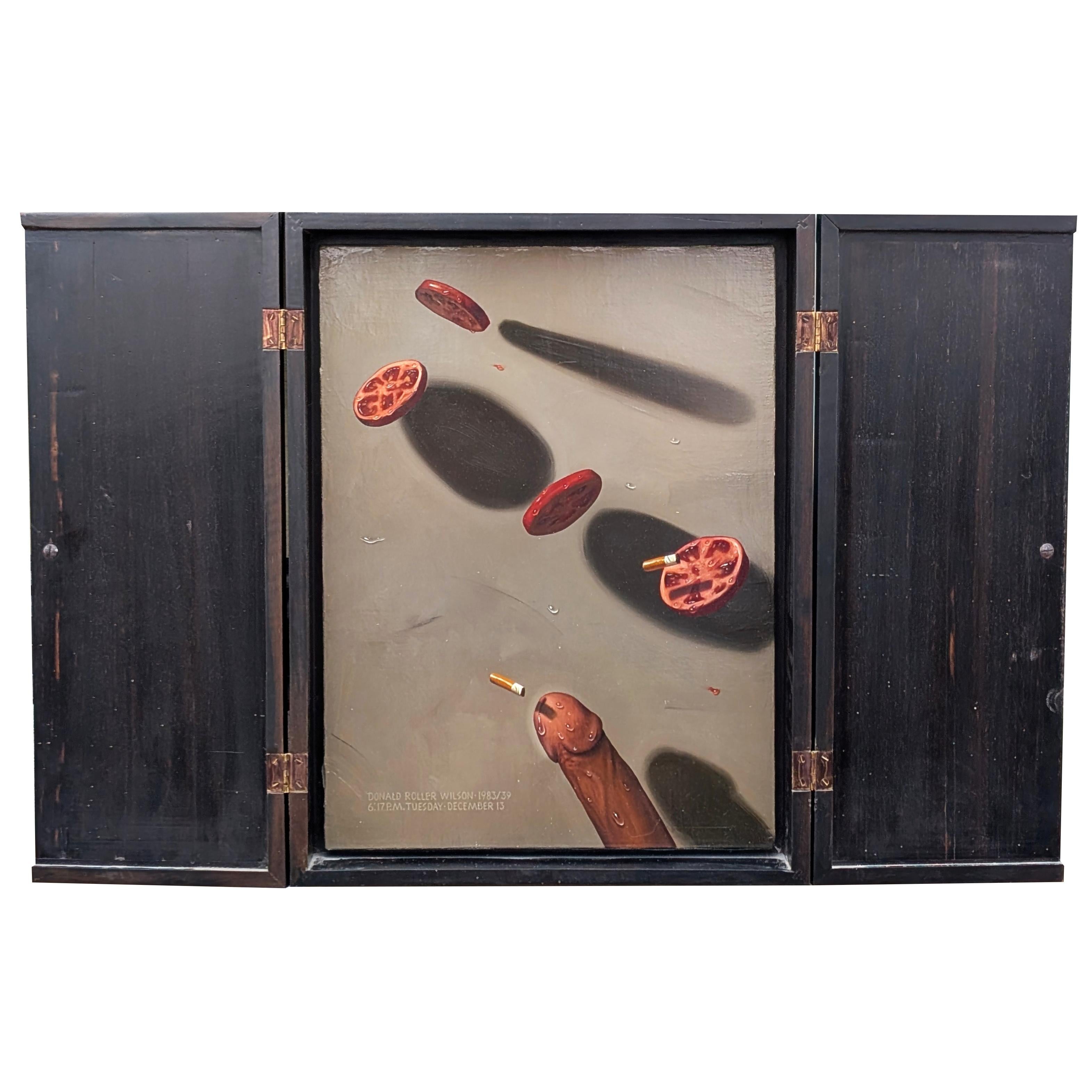 Donald Roller Wilson Still-Life Painting - "Dangerous" Contemporary Surreal Hyper Realistic Phallus and Tomato Painting
