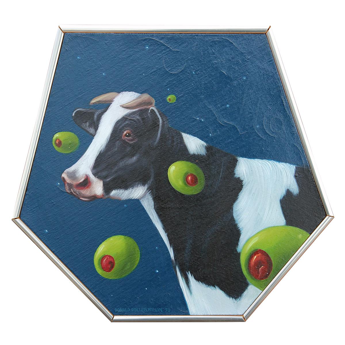 Donald Roller Wilson Animal Painting - “Space Friends: Barn Trip” Modern Hyperrealist Cow & Olives Surrealist Painting