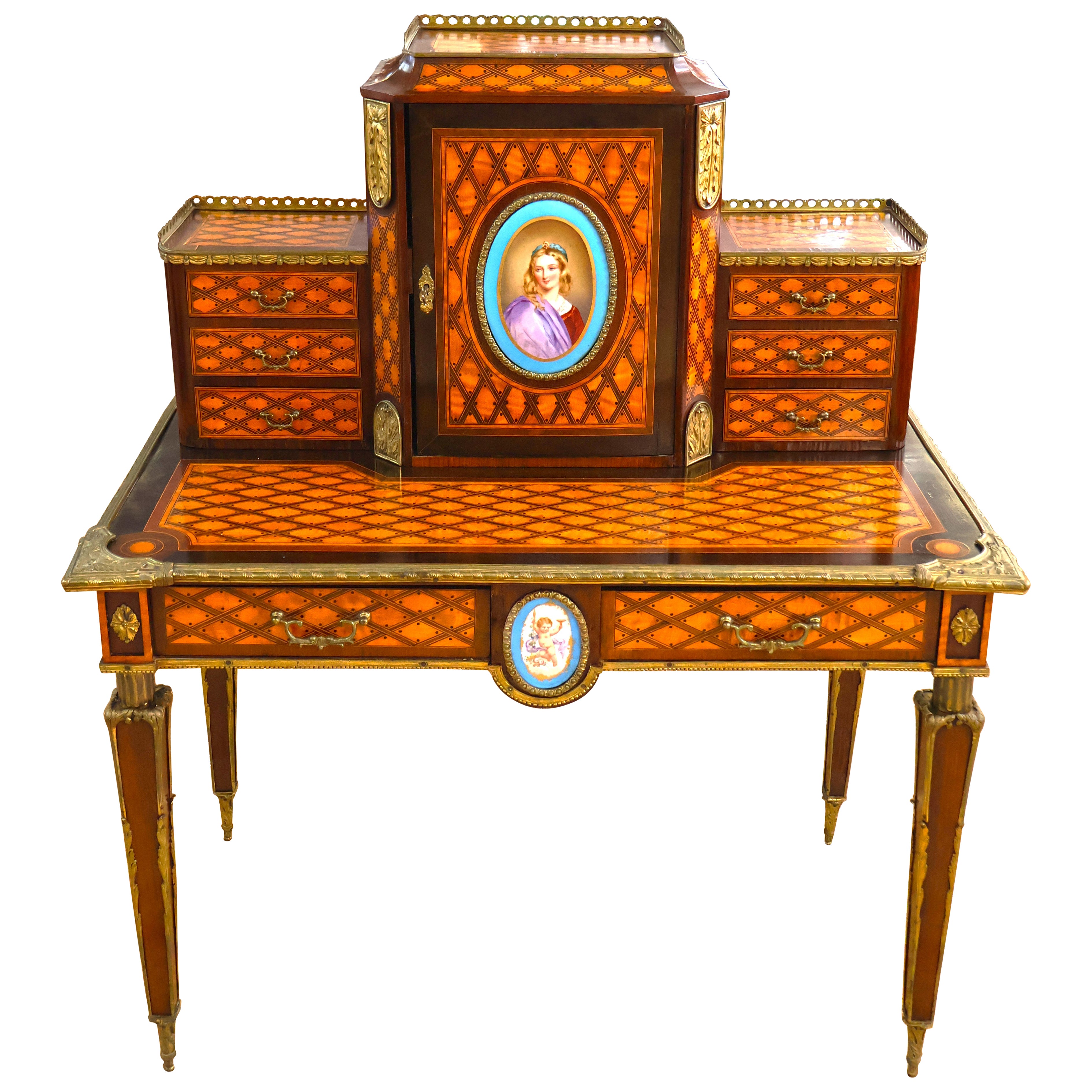 Donald Ross 19th Century Inlaid Porcelain & Ormolu Mounted Desk Bonheur Du Jour