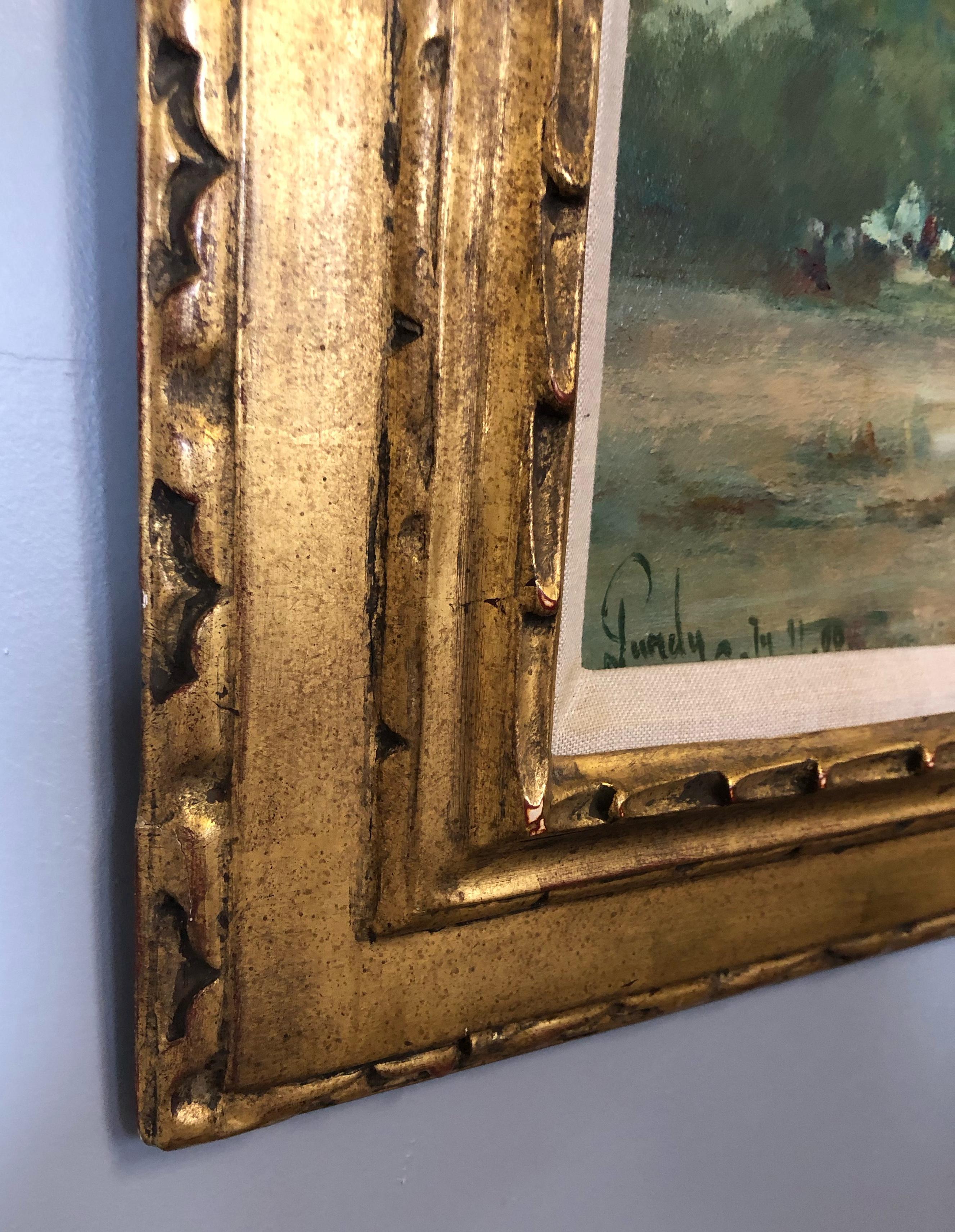 This iconic Impressionist beach scene was celebrated by this artist who had many successful exhibitions during his life of his beach scenes.  Done on masonite which is a panel and his preferred material, it is framed in a gold leaf hand carved frame