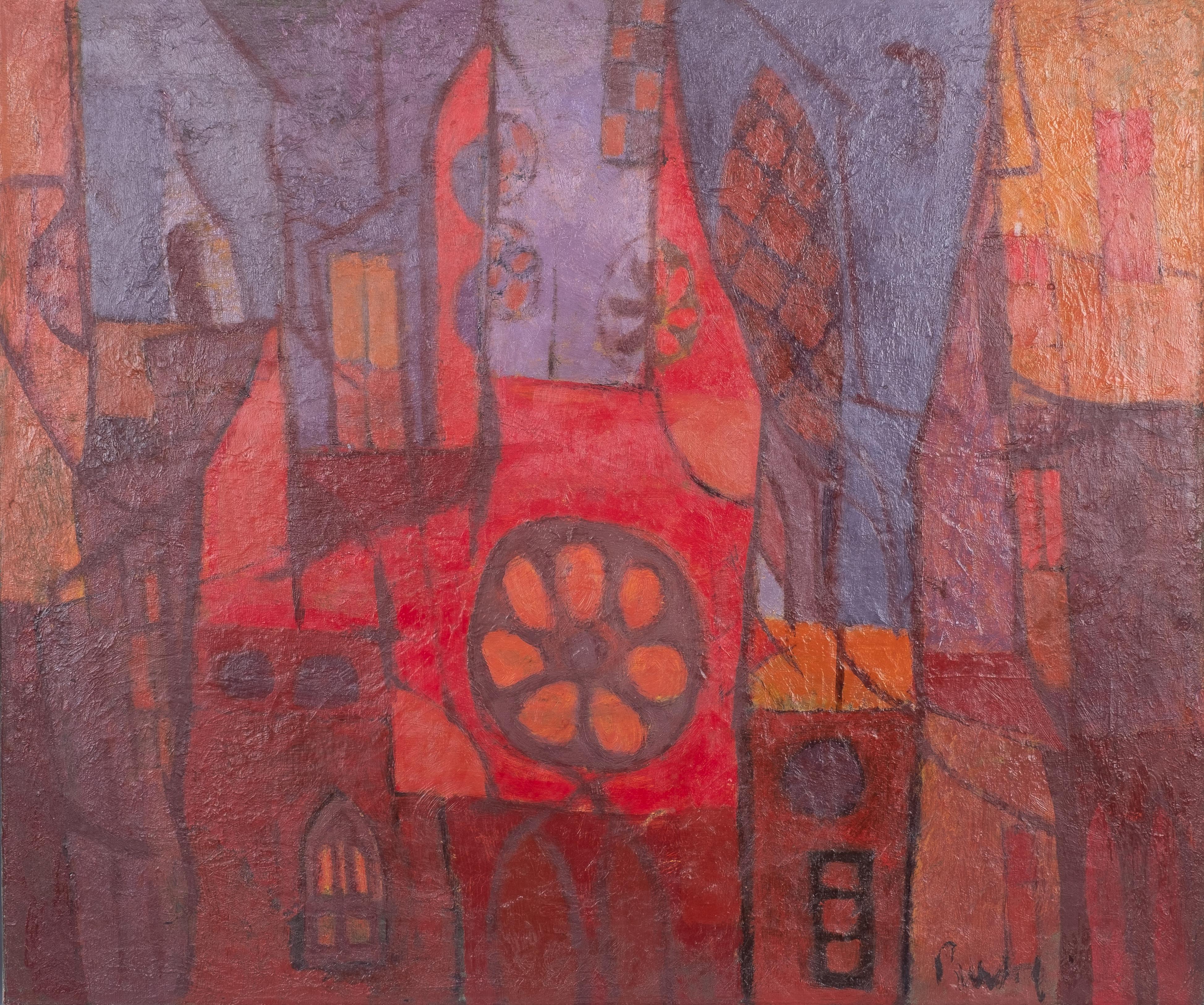 City Abstraction, pittura ad olio astratta di epoca medio moderna  Circa anni '50 - Painting di Donald Roy Purdy