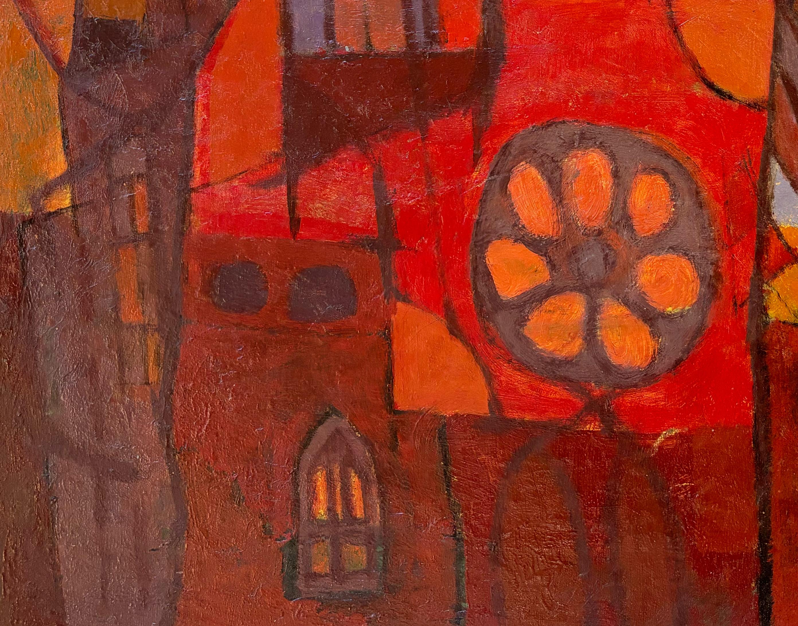 City Abstraction, pittura ad olio astratta di epoca medio moderna  Circa anni '50 - Figurative Painting Marrone di Donald Roy Purdy