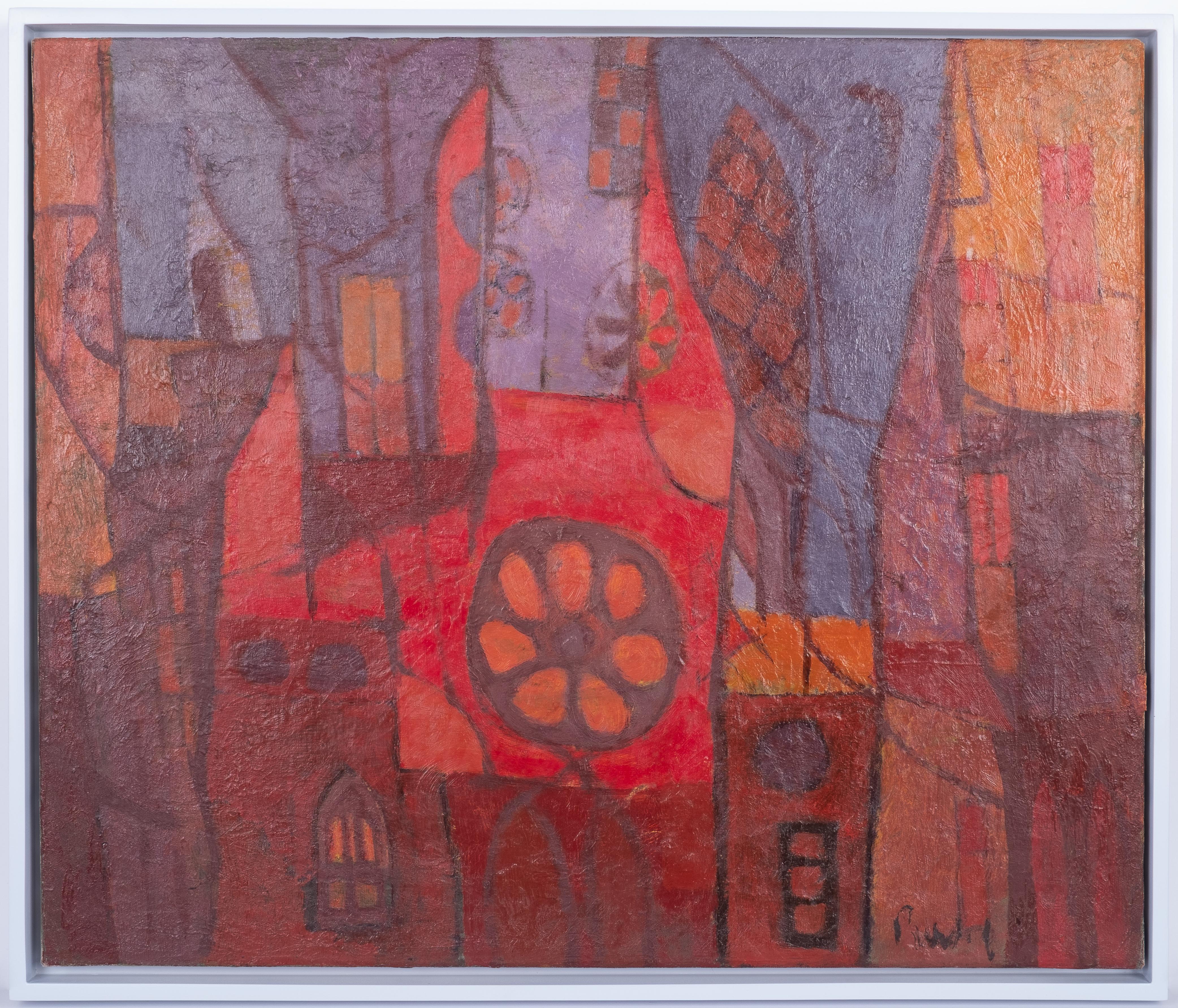Figurative Painting di Donald Roy Purdy - City Abstraction, pittura ad olio astratta di epoca medio moderna  Circa anni '50