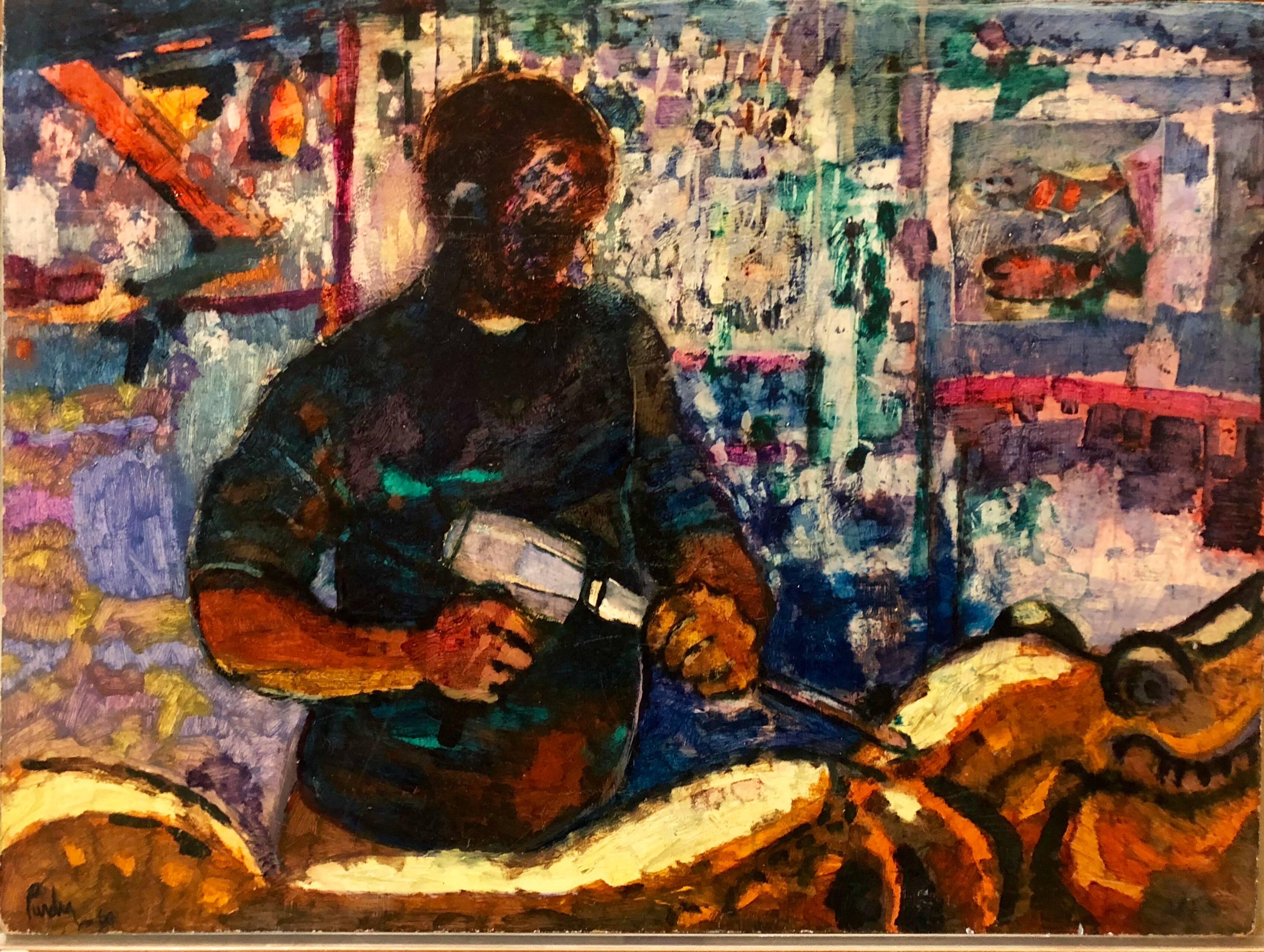Donald Roy Purdy Figurative Painting - Coney Island Carousel Carver 'Woodworker' , Large Oil Painting