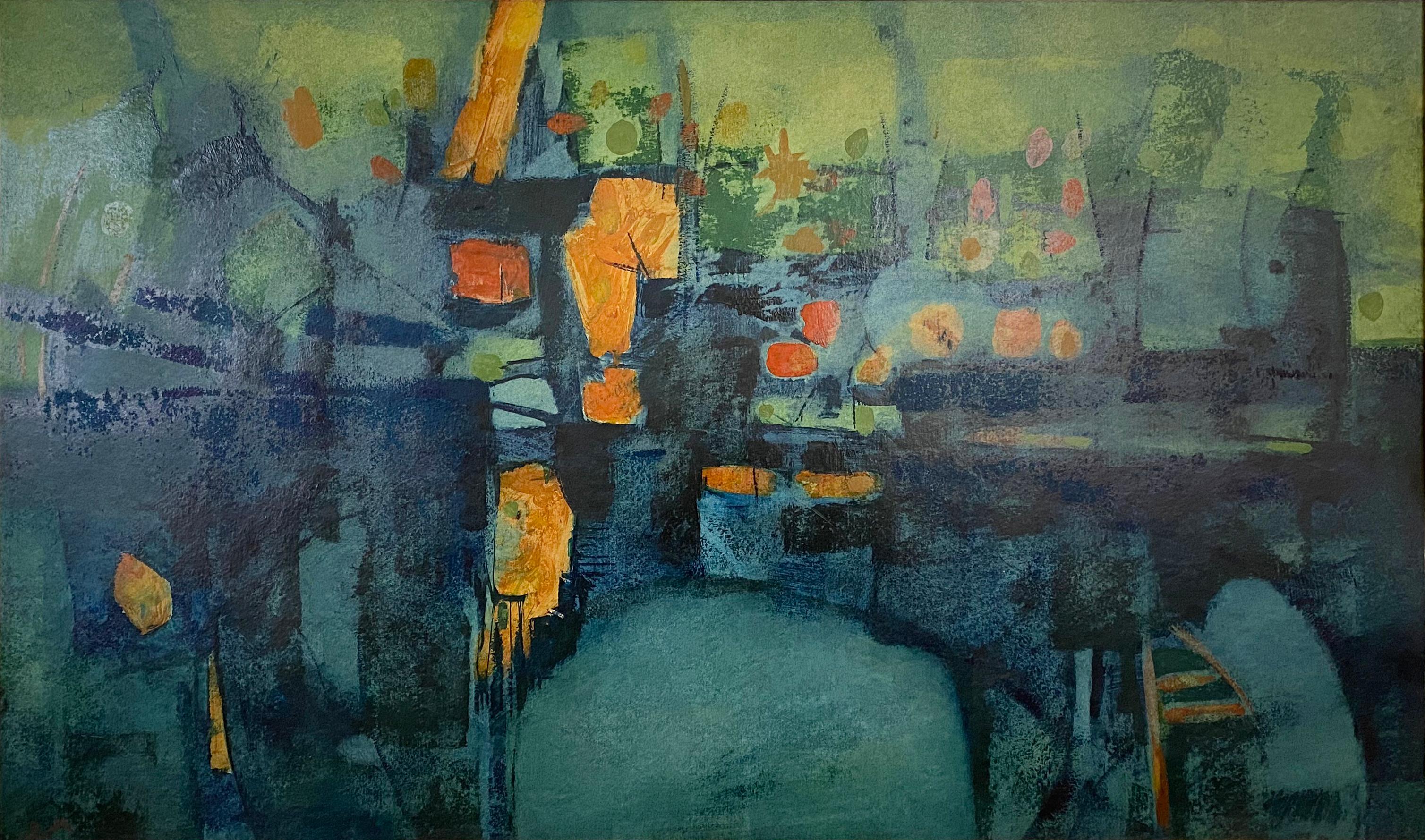 Abstracto del puerto en Deep Blues - Abstract Painting Marrón de Donald Roy Purdy