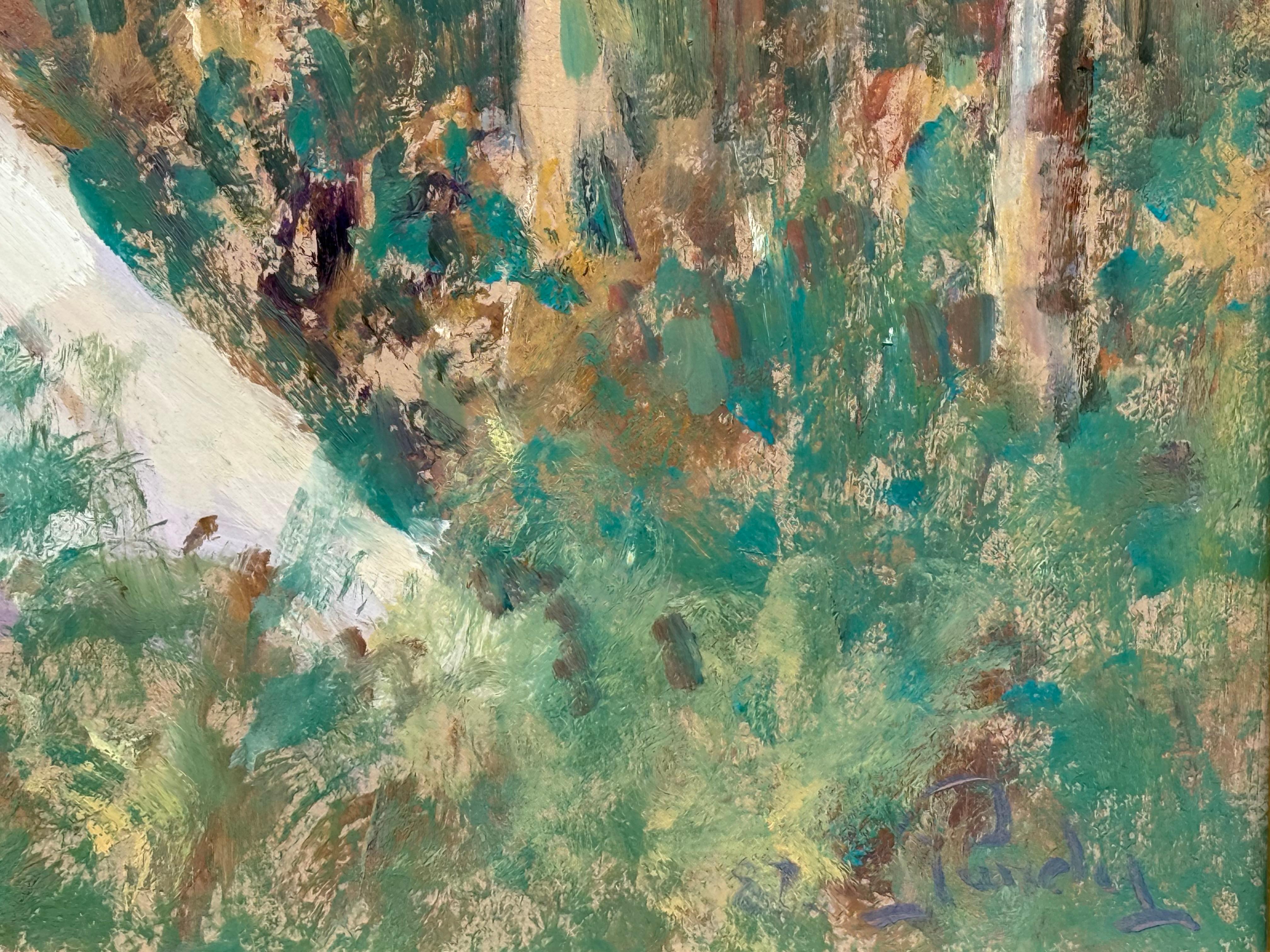 Original oil on board painting of a beautiful young woman in a lush outdoor setting.  Signed lower left and date “91”. Also signed lower right. Gallery label with title verso. Condition is excellent. Titled “Hidden Comfort” the lavender series. The