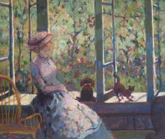 L'ora d'ozio, paesaggio figurativo impressionista del giardino