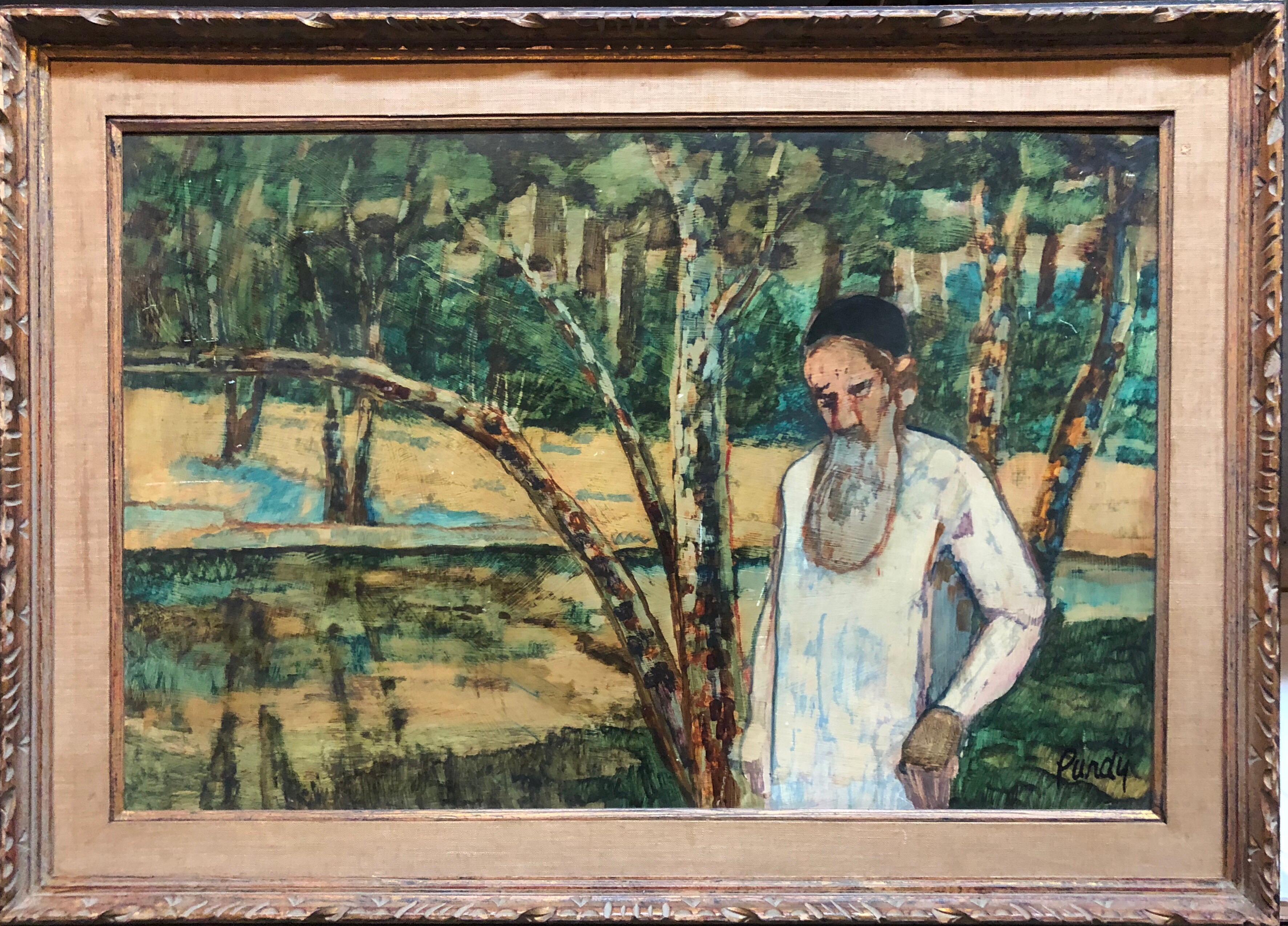 Judaica Meditative Rabbi at Prayer in Nature, Large Landscape Oil Painting - Gray Landscape Painting by Donald Roy Purdy