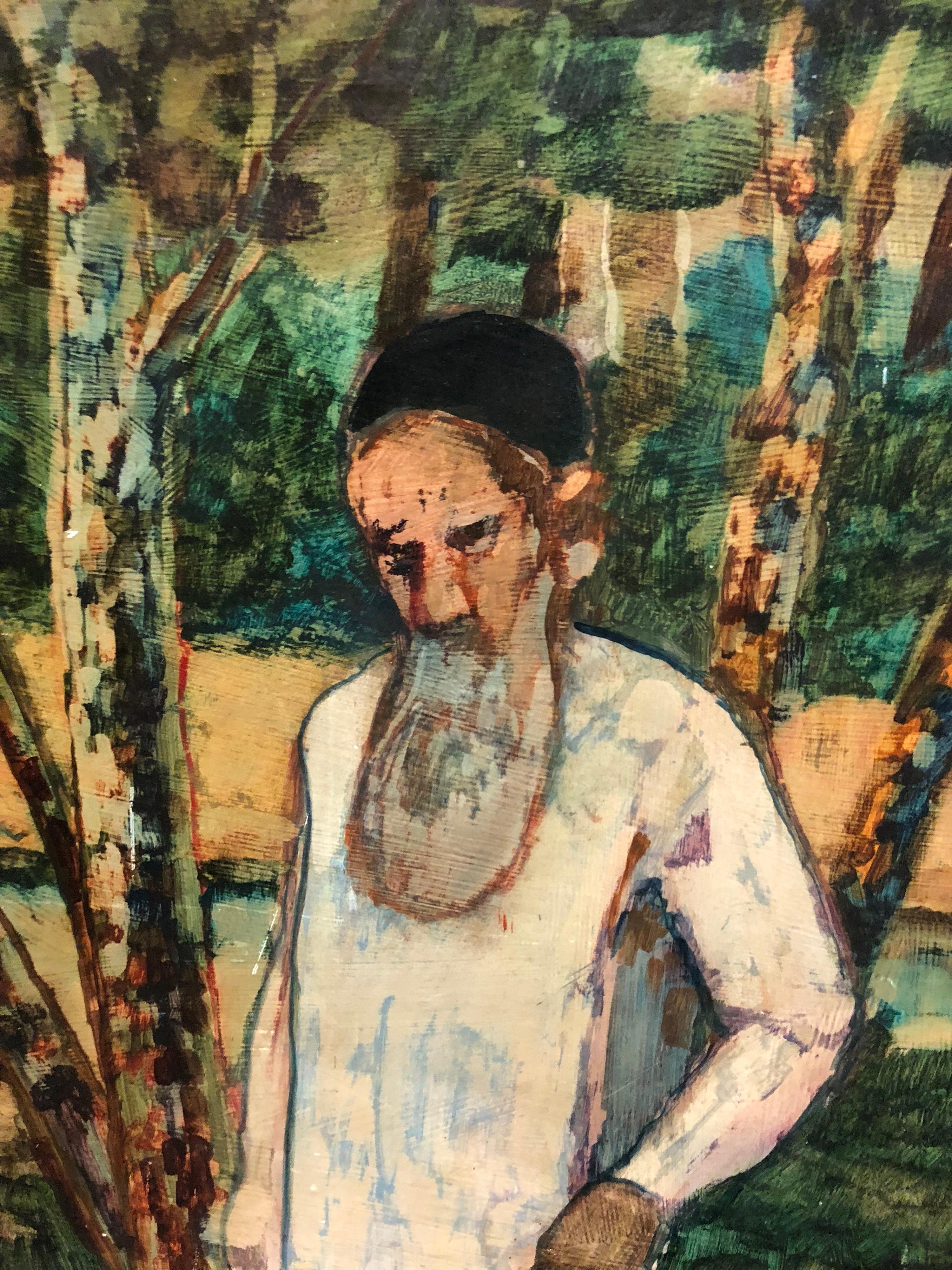 Judaica Meditative Rabbi at Prayer in Nature, großes Landschaftsgemälde, Öl (Grau), Figurative Painting, von Donald Roy Purdy