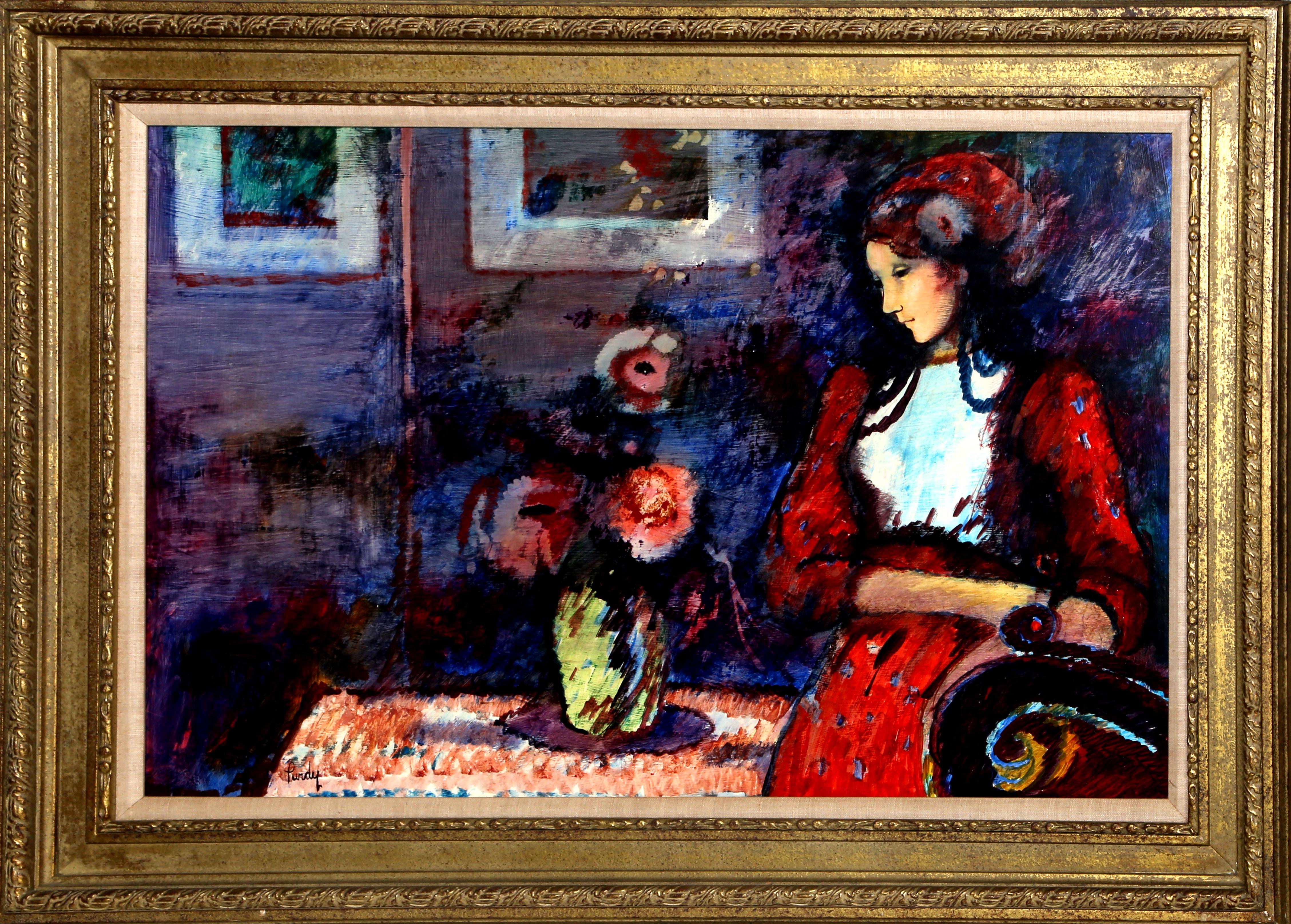 Lady in Rot, gerahmtes Ölgemälde von Donald Roy Purdy