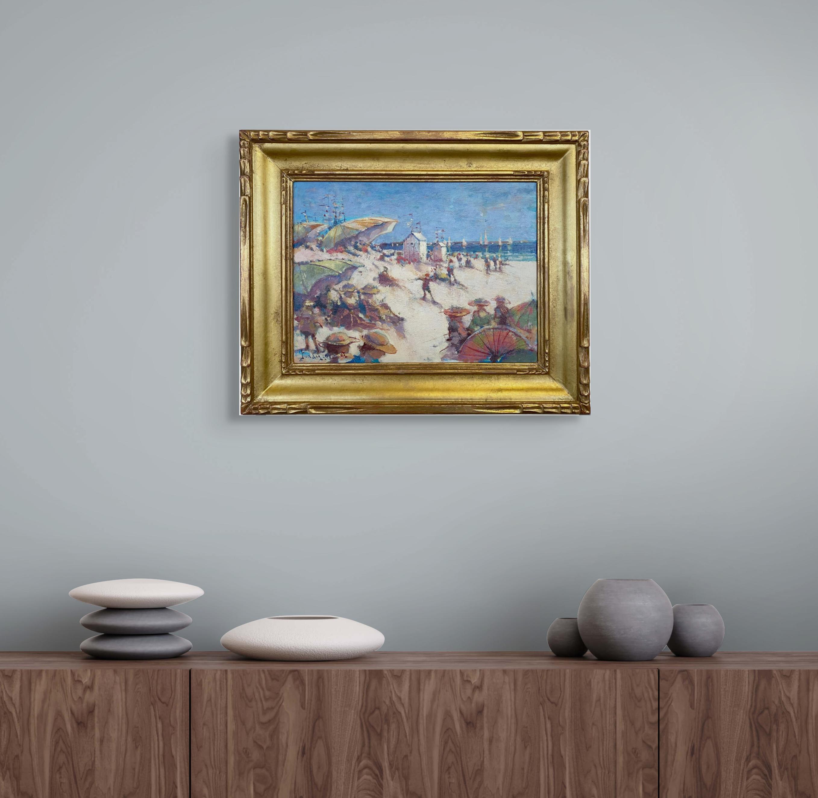 Many Umbrellas, Impressionist beach scene For Sale 3