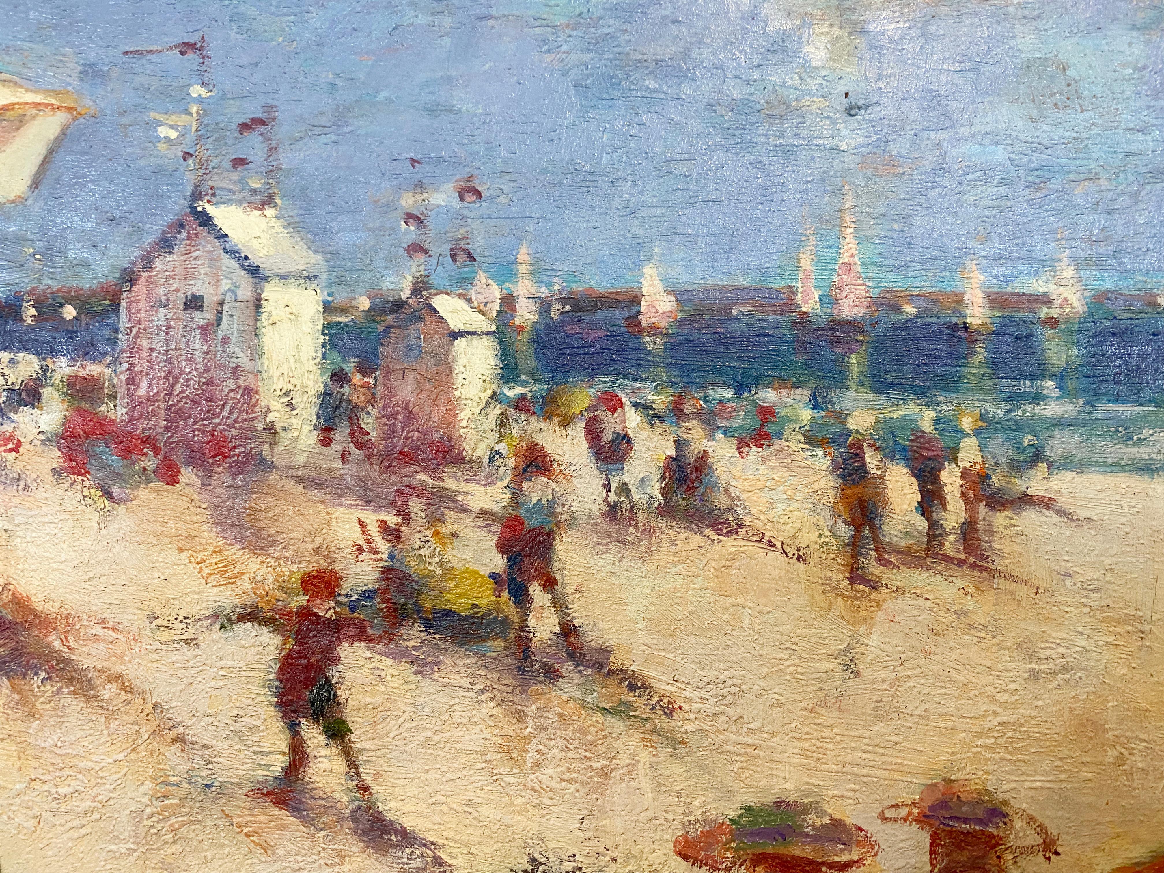Many Umbrellas, Impressionist beach scene - Painting by Donald Roy Purdy