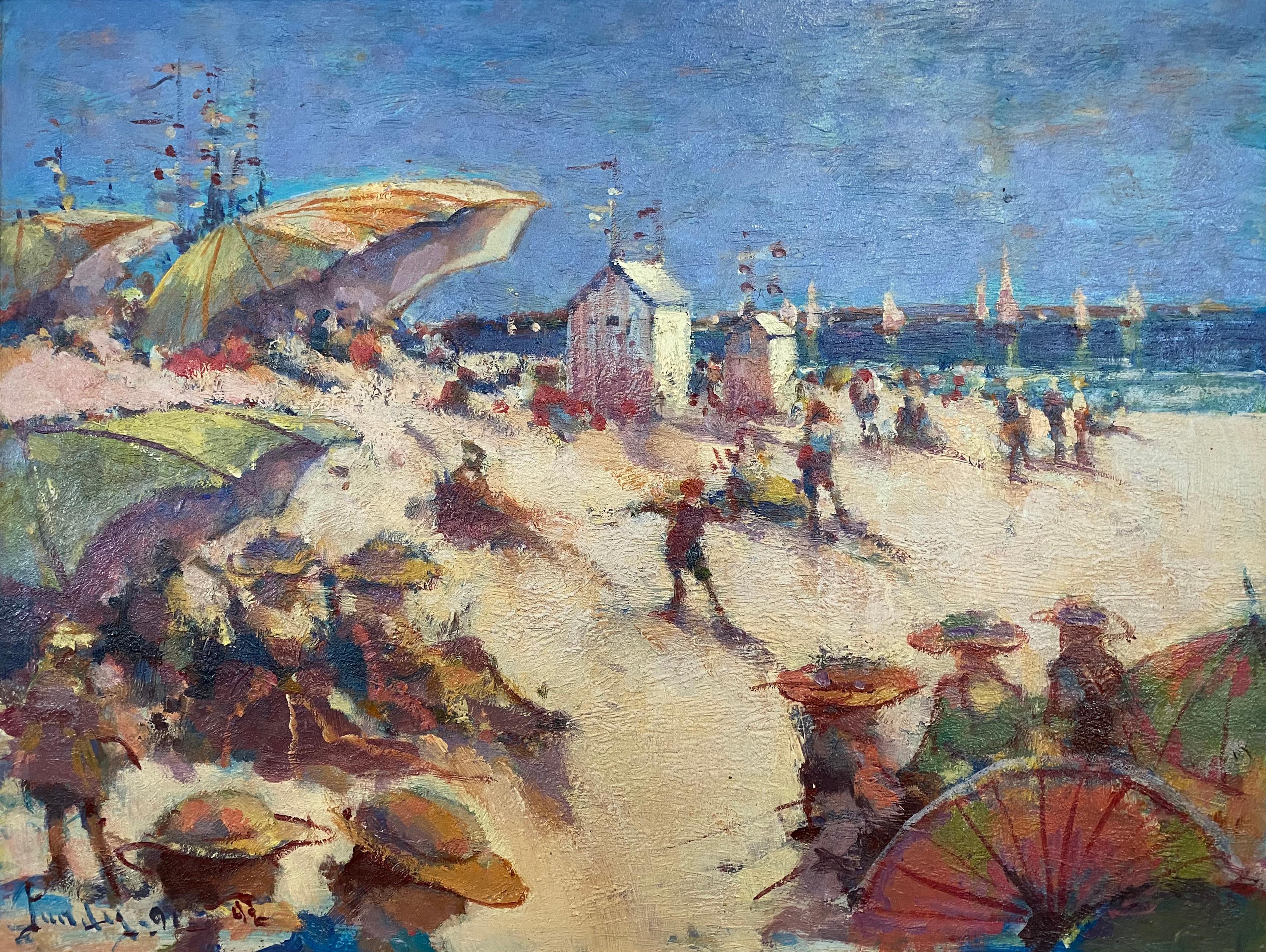 Muchas sombrillas, escena de playa impresionista - Landscape Painting Marrón de Donald Roy Purdy
