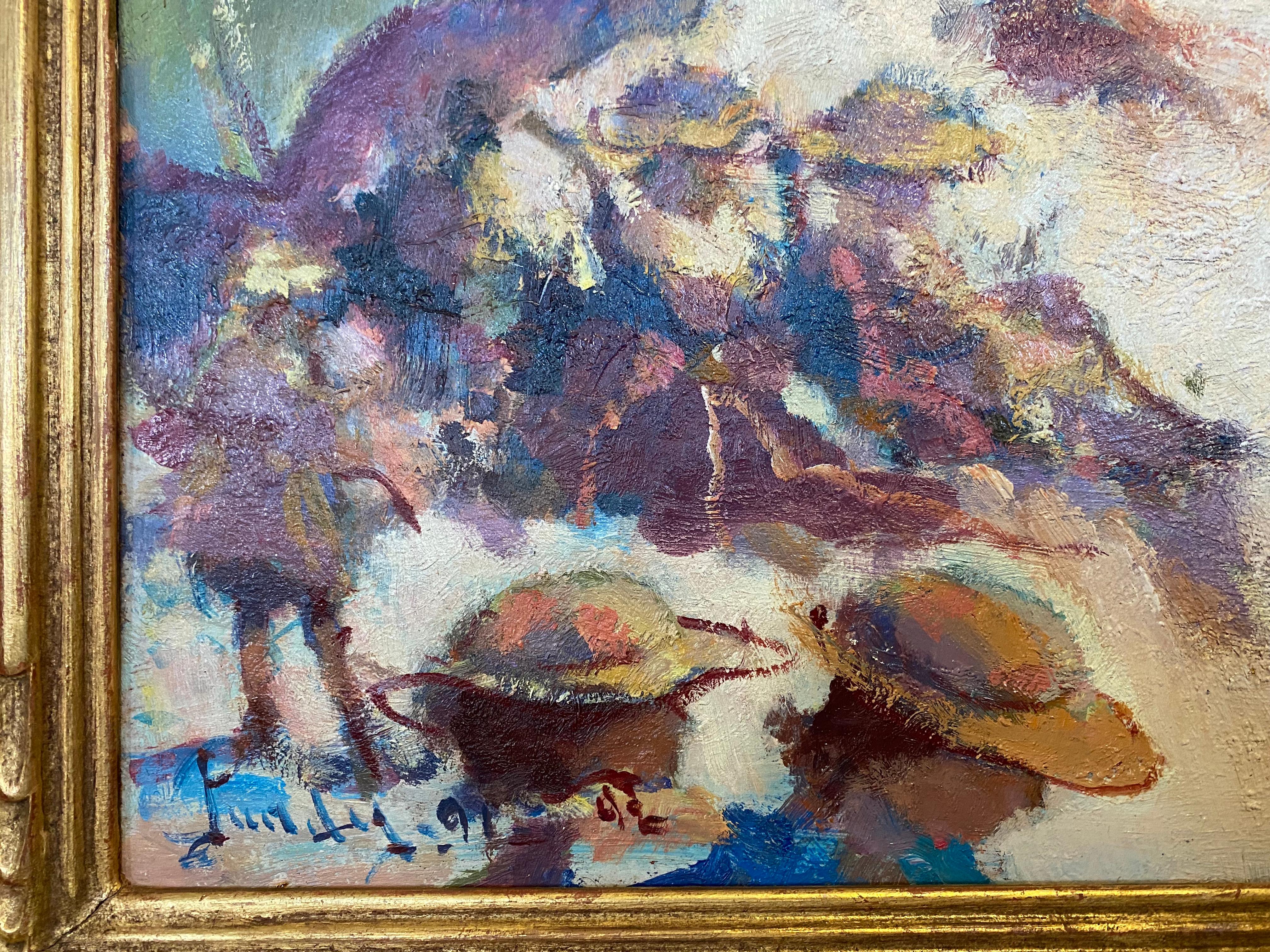 Many Umbrellas, Impressionist beach scene - Brown Landscape Painting by Donald Roy Purdy