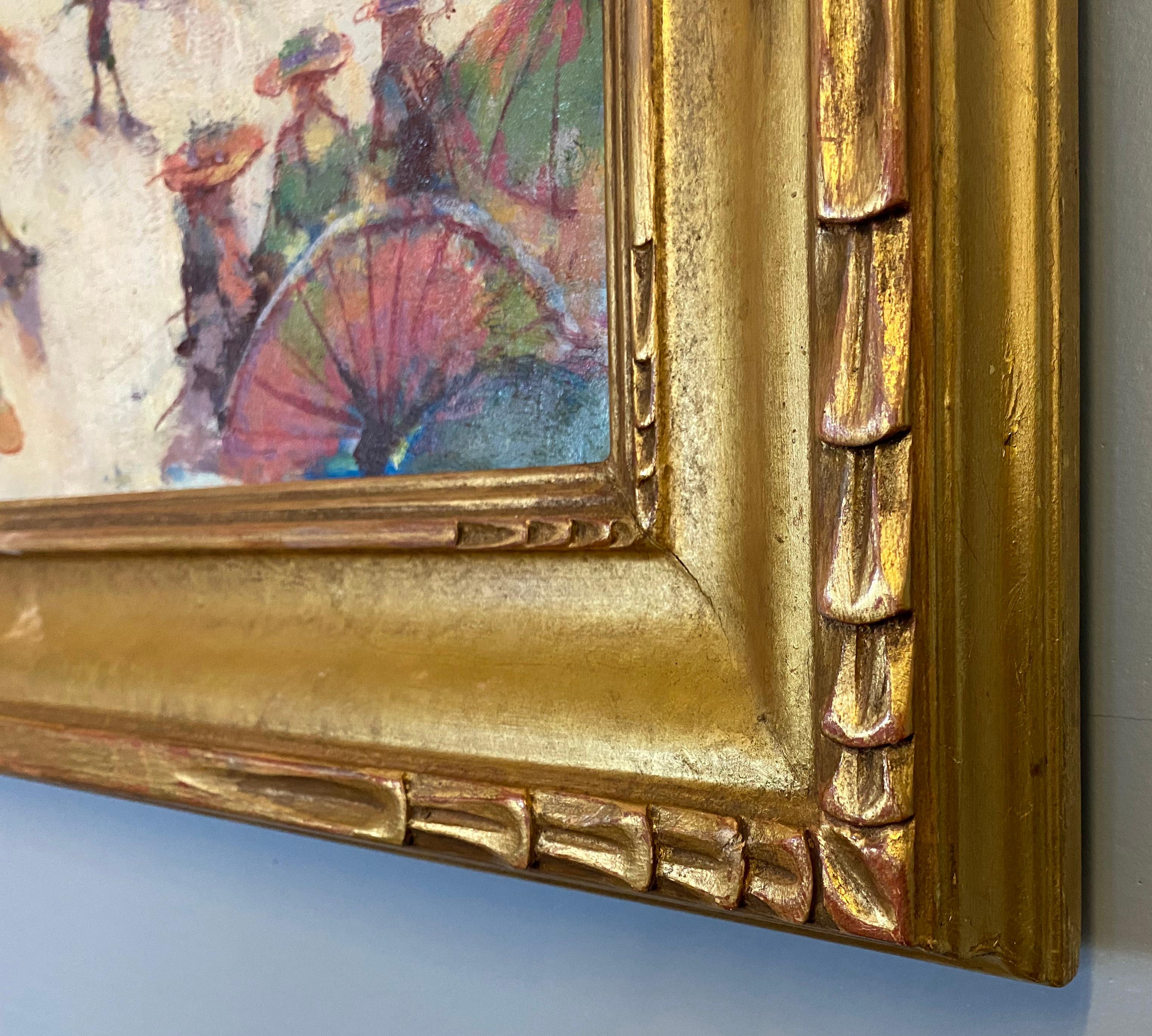This marvelous, colorful and light filled work is a desirable work by the painter.  It is in an impressionist style carved and leafed frame.  Illustrated in the book by the artist 