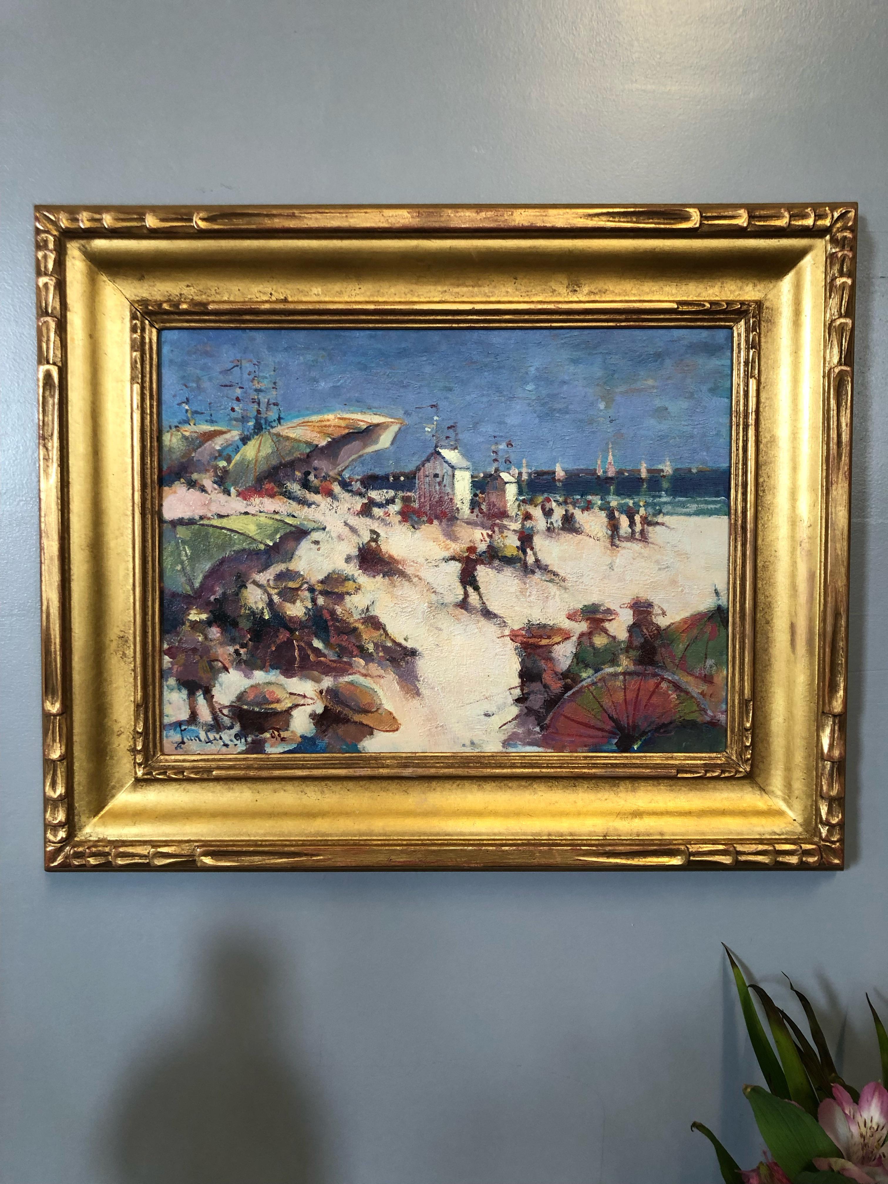 Many Umbrellas, Impressionist beach scene For Sale 1
