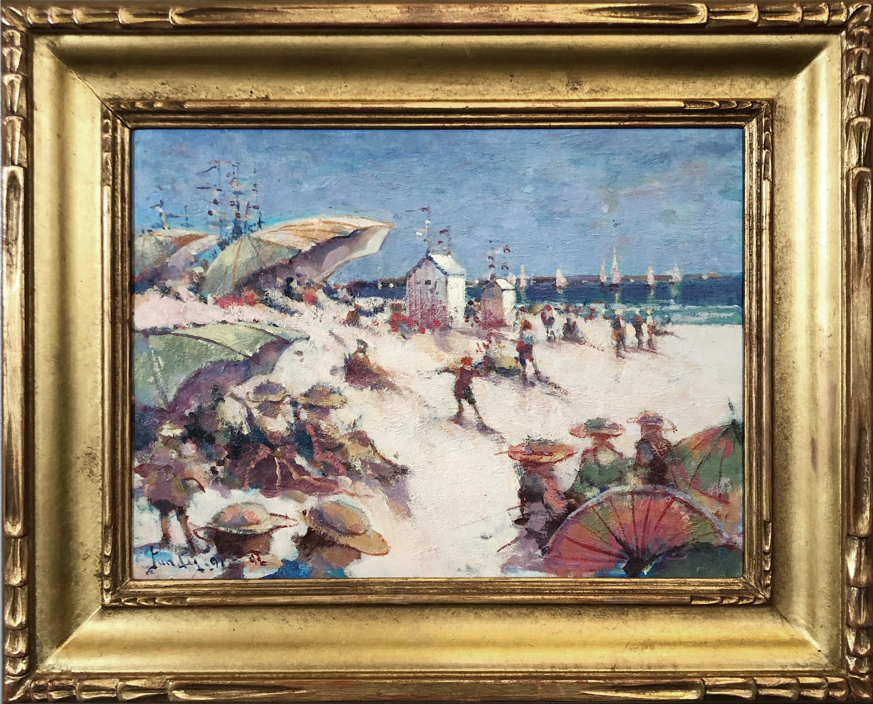 Donald Roy Purdy Landscape Painting - Many Umbrellas, Impressionist beach scene