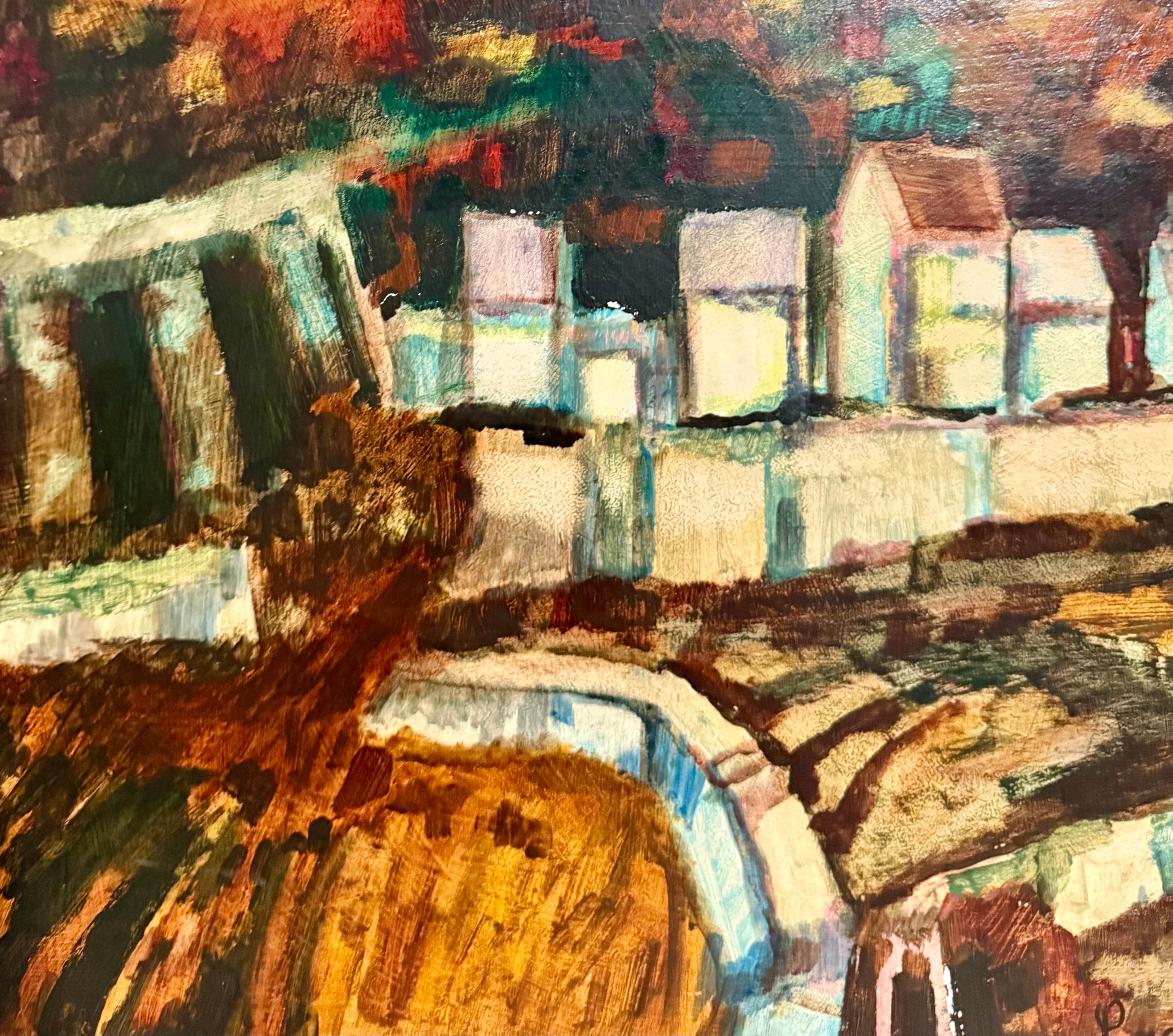 Modernist Oil Painting Donald Roy Purdy Village on a Hillside Fauvist Colors For Sale 1