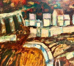 Modernist Oil Painting Donald Roy Purdy Village on a Hillside Fauvist Colors