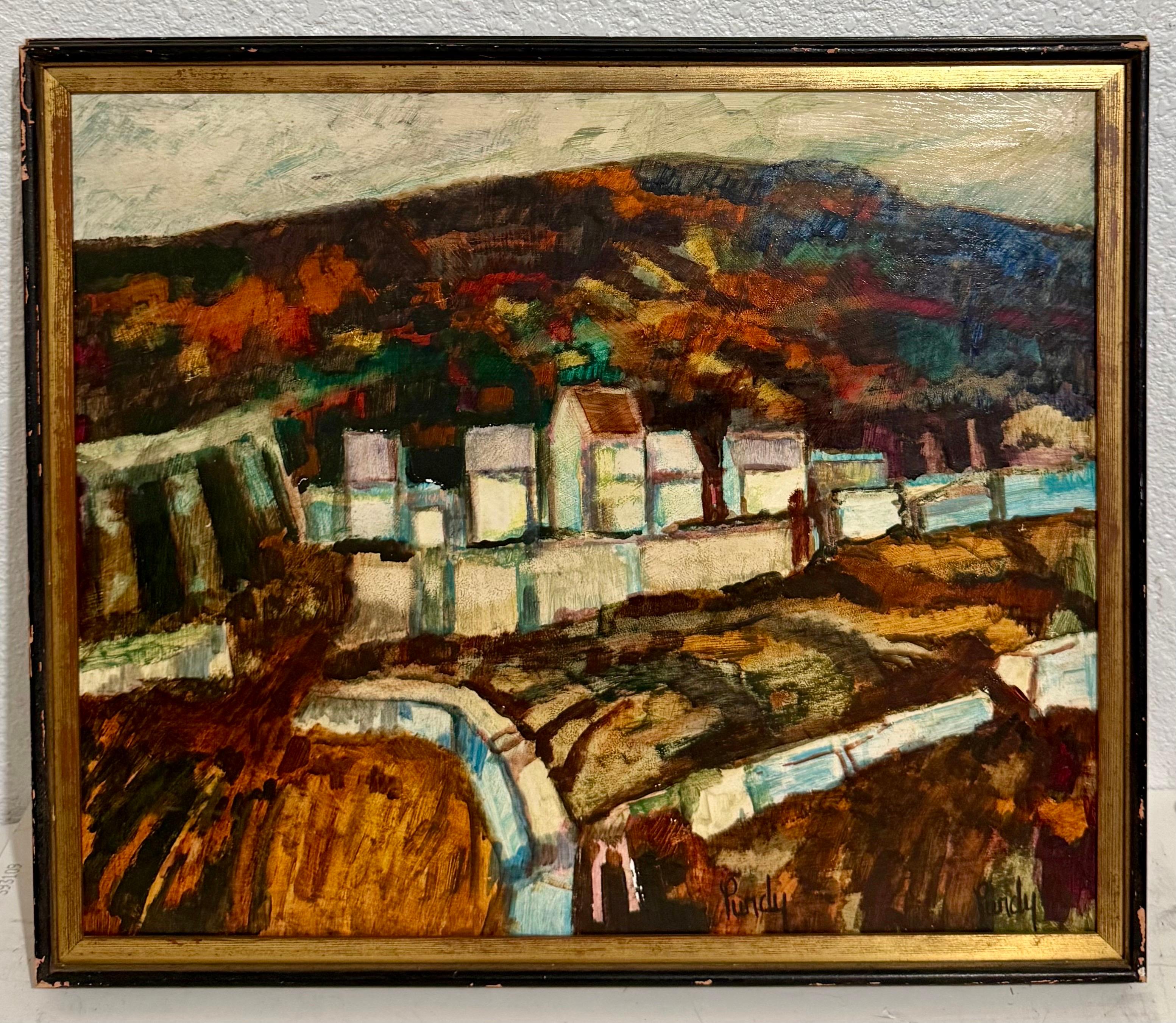 Modernist Oil Painting Donald Roy Purdy Village on a Hillside Fauvist Colors For Sale 3