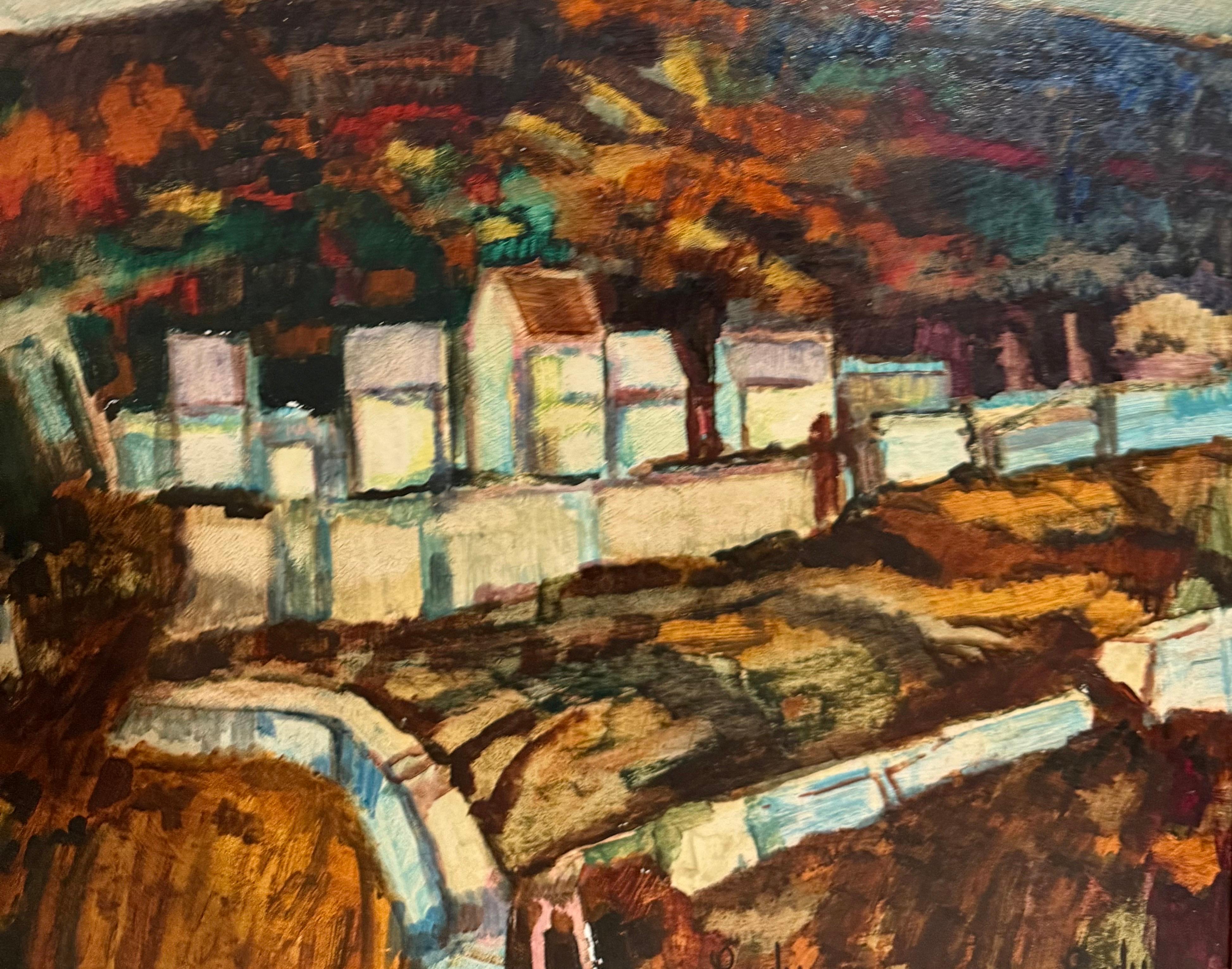 Modernist Oil Painting Donald Roy Purdy Village on a Hillside Fauvist Colors For Sale 7