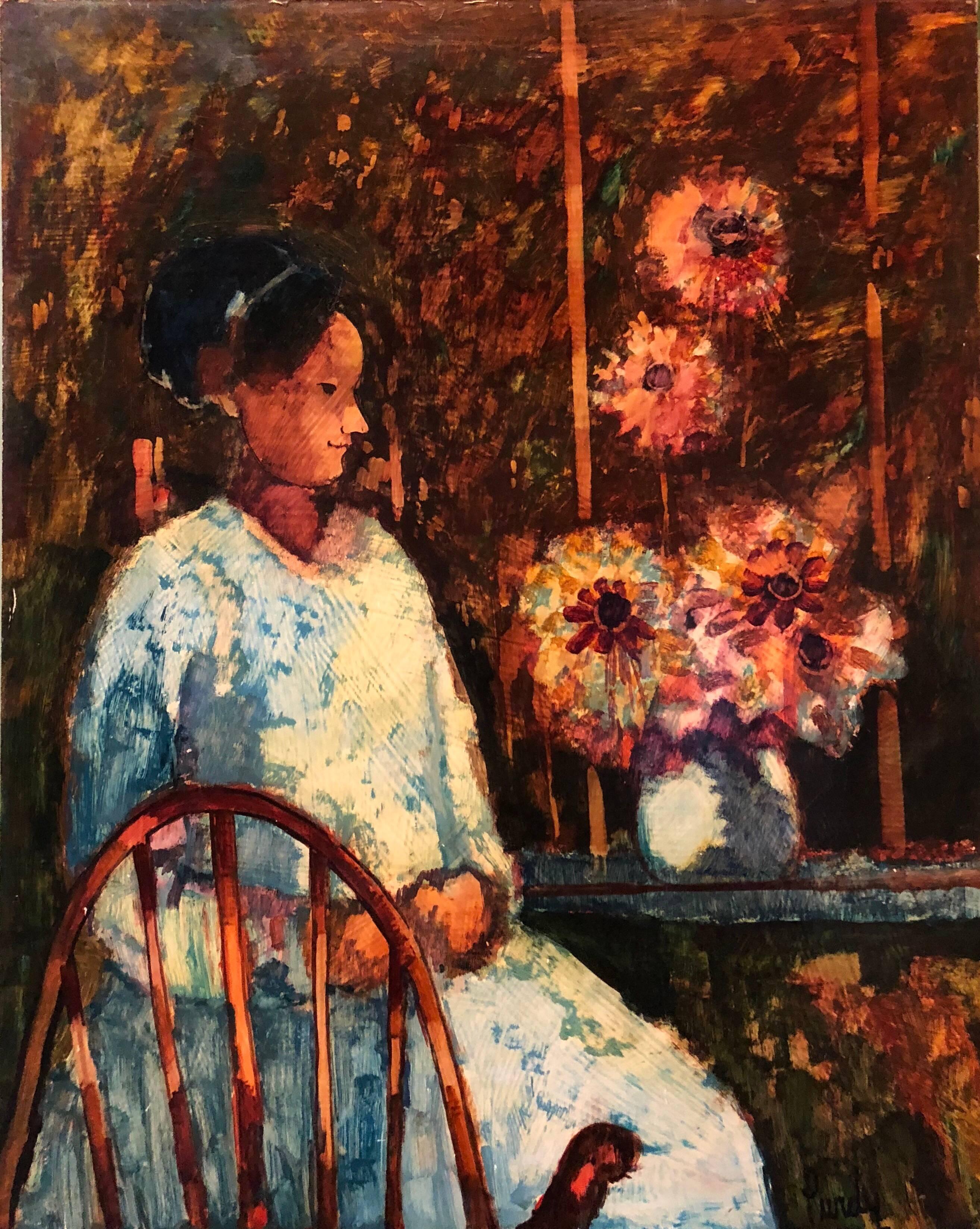 Modernist SUNDAY MORNING HARVEST Woman with Flowers Oil Painting - Brown Figurative Painting by Donald Roy Purdy