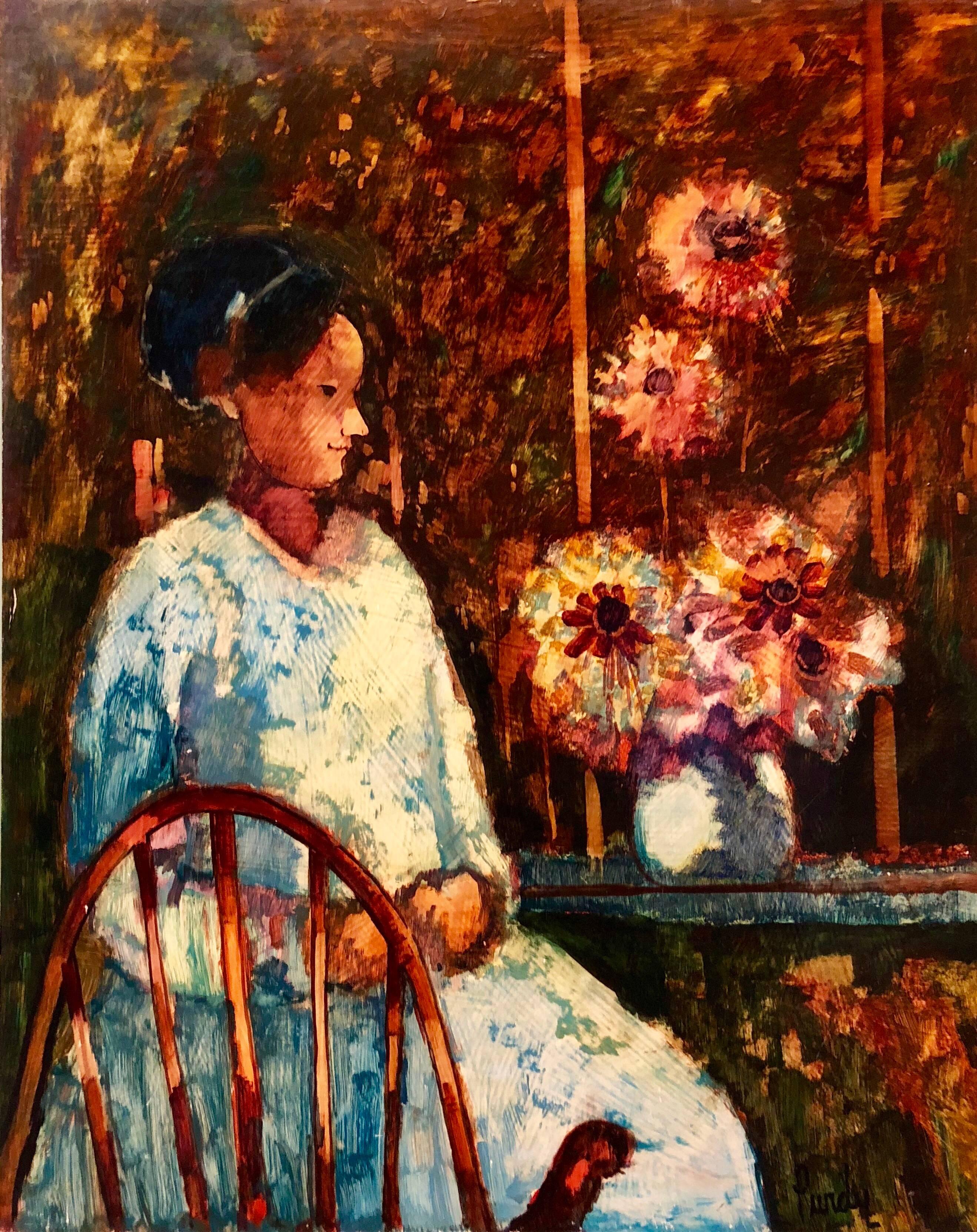 Donald Roy Purdy Figurative Painting - Modernist SUNDAY MORNING HARVEST Woman with Flowers Oil Painting