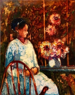 Peinture à l'huile moderniste « SUNDAY MORNING HARVEST » représentant une femme avec des fleurs