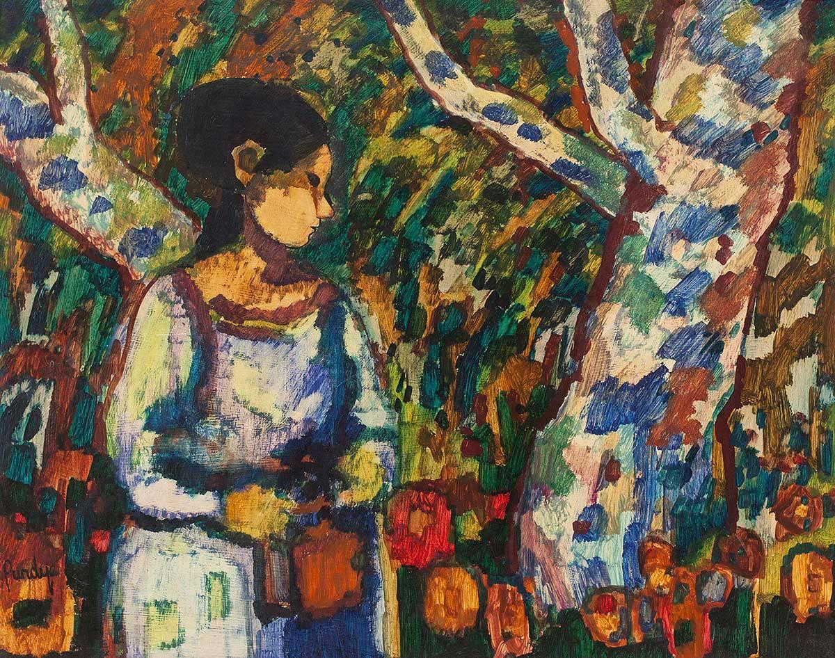 Modernist Woman With Flowers in Forest - Painting by Donald Roy Purdy