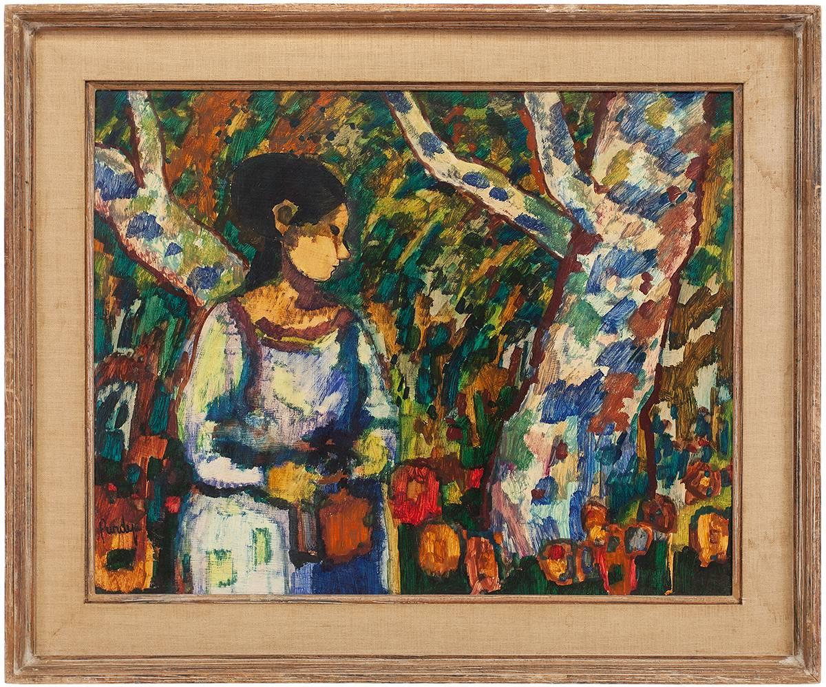 Donald Roy Purdy Figurative Painting - Modernist Woman With Flowers in Forest