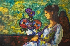 Vintage Modernist Woman With Flowers in Interior